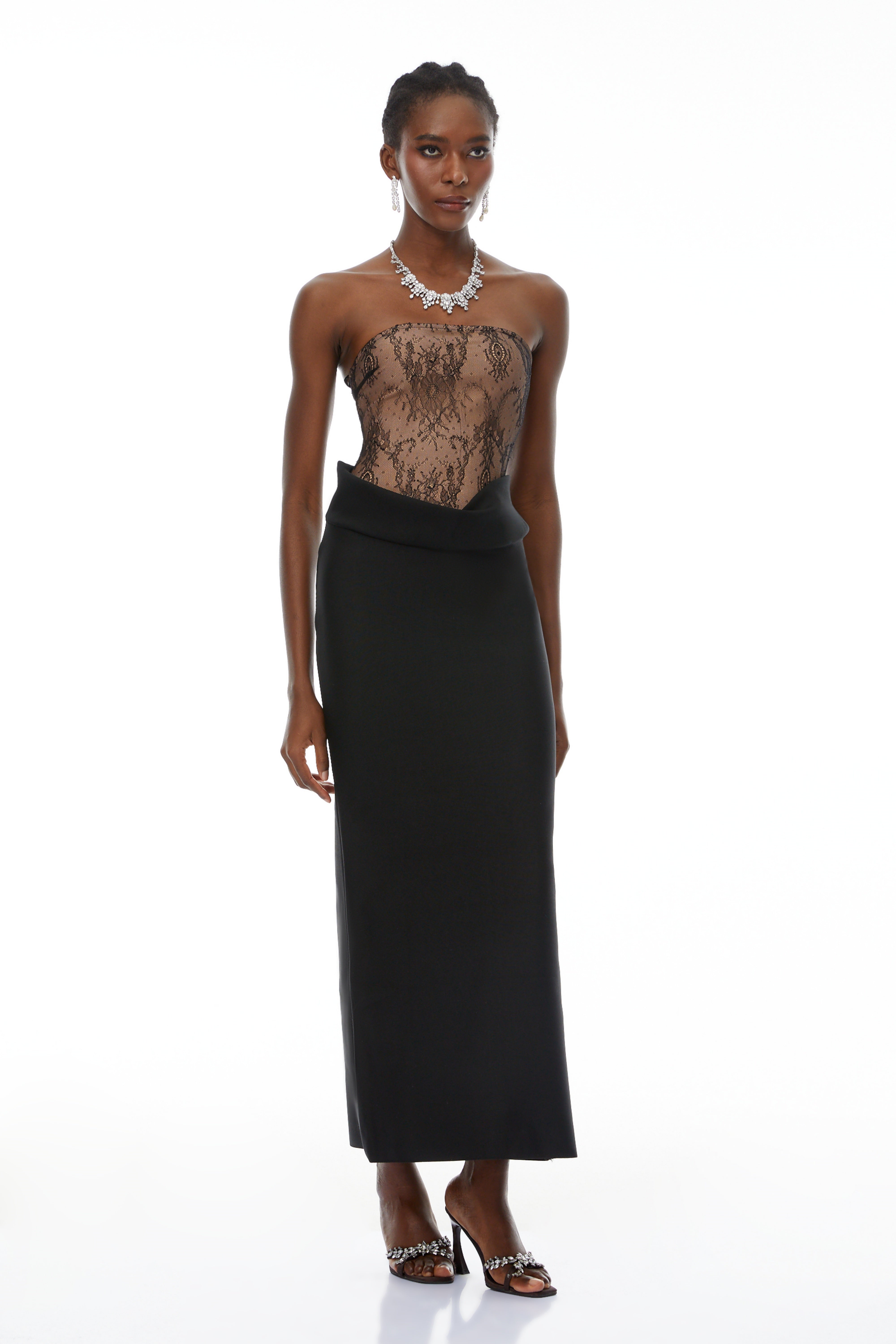 Leire Black Lace Panel Ruched Maxi Dress