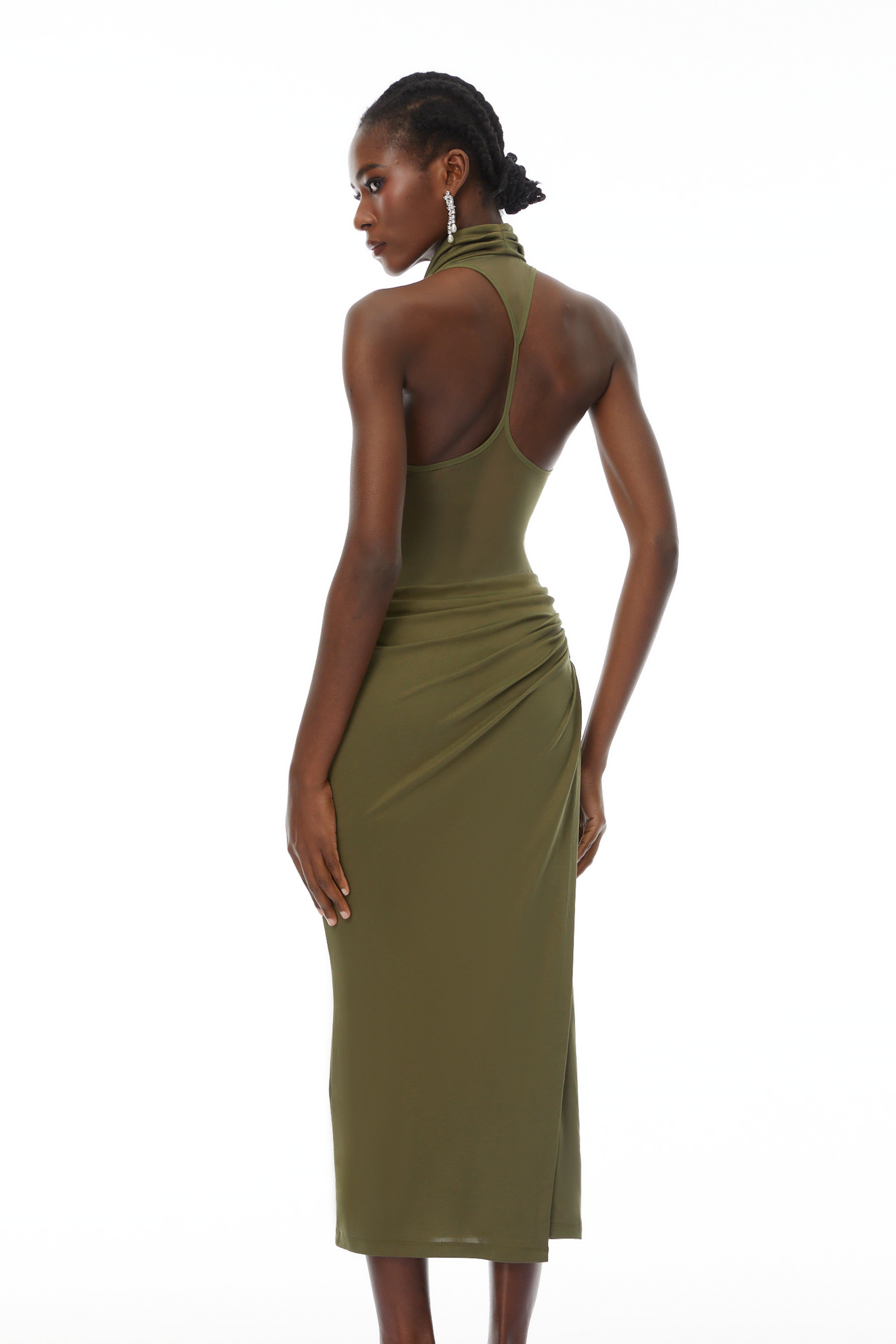 Selene Olive Halterneck Ruched Midi Dress