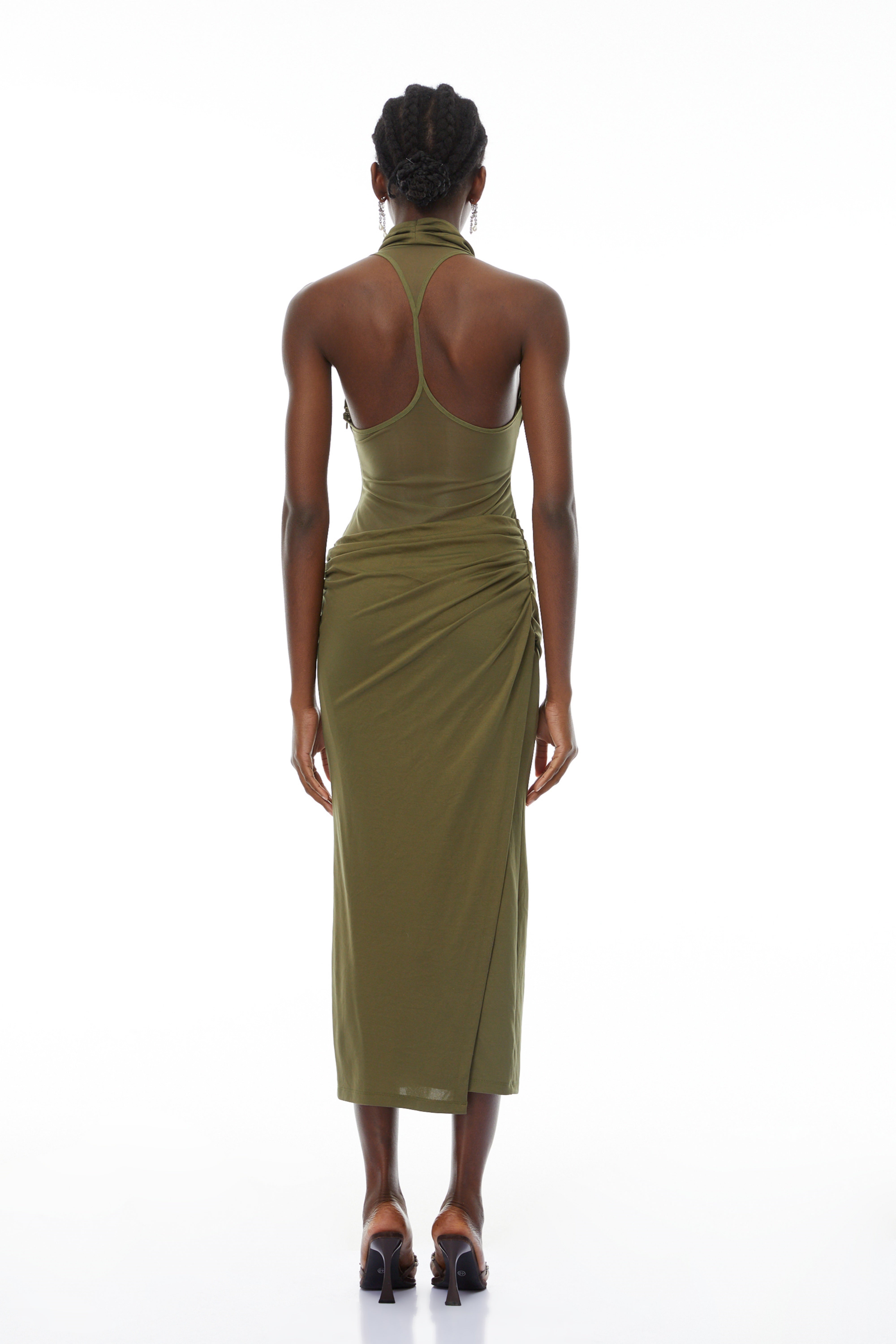 Selene Olive Halterneck Ruched Midi Dress