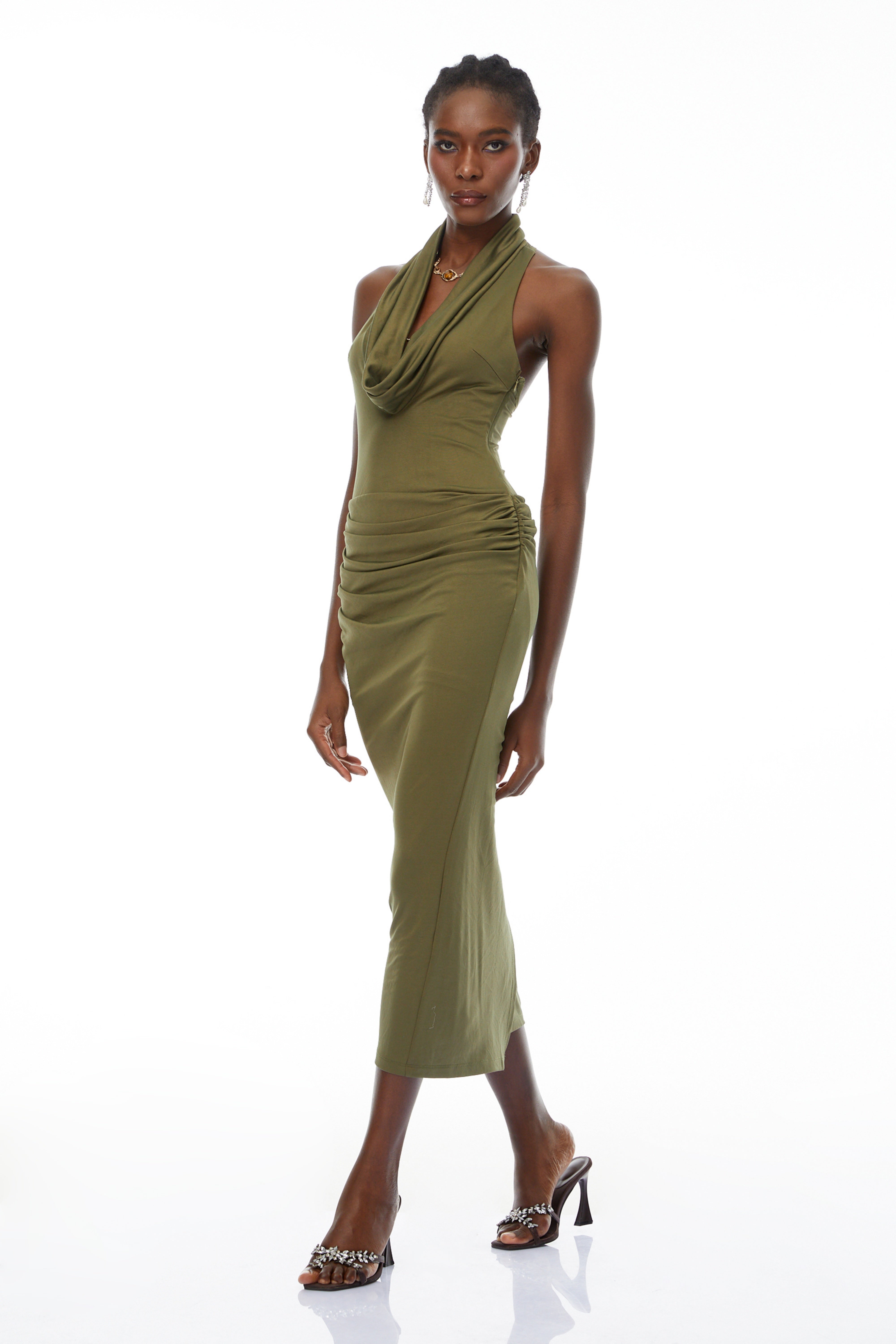 Selene Olive Halterneck Ruched Midi Dress