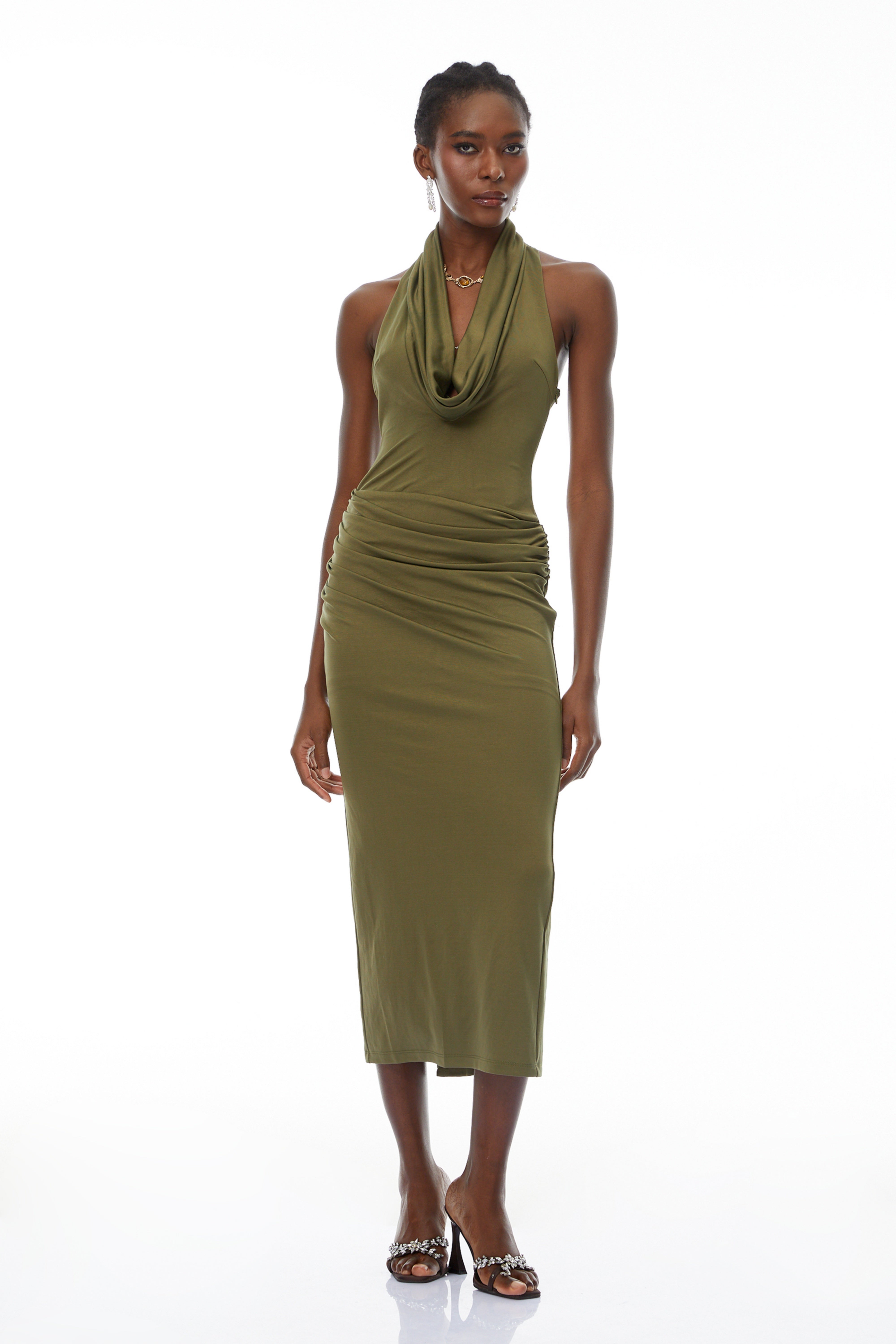 Selene Olive Halterneck Ruched Midi Dress