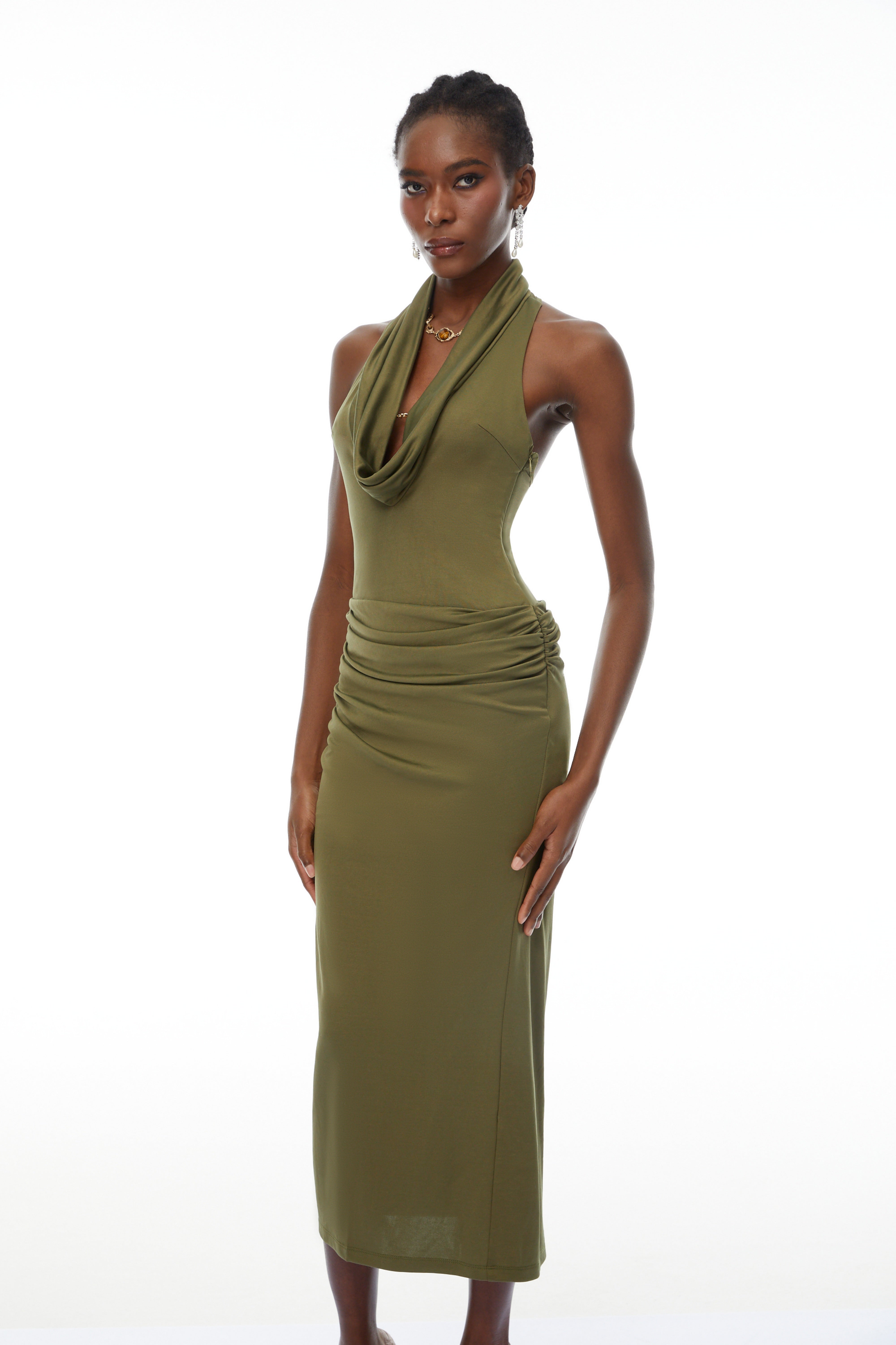 Selene Olive Halterneck Ruched Midi Dress
