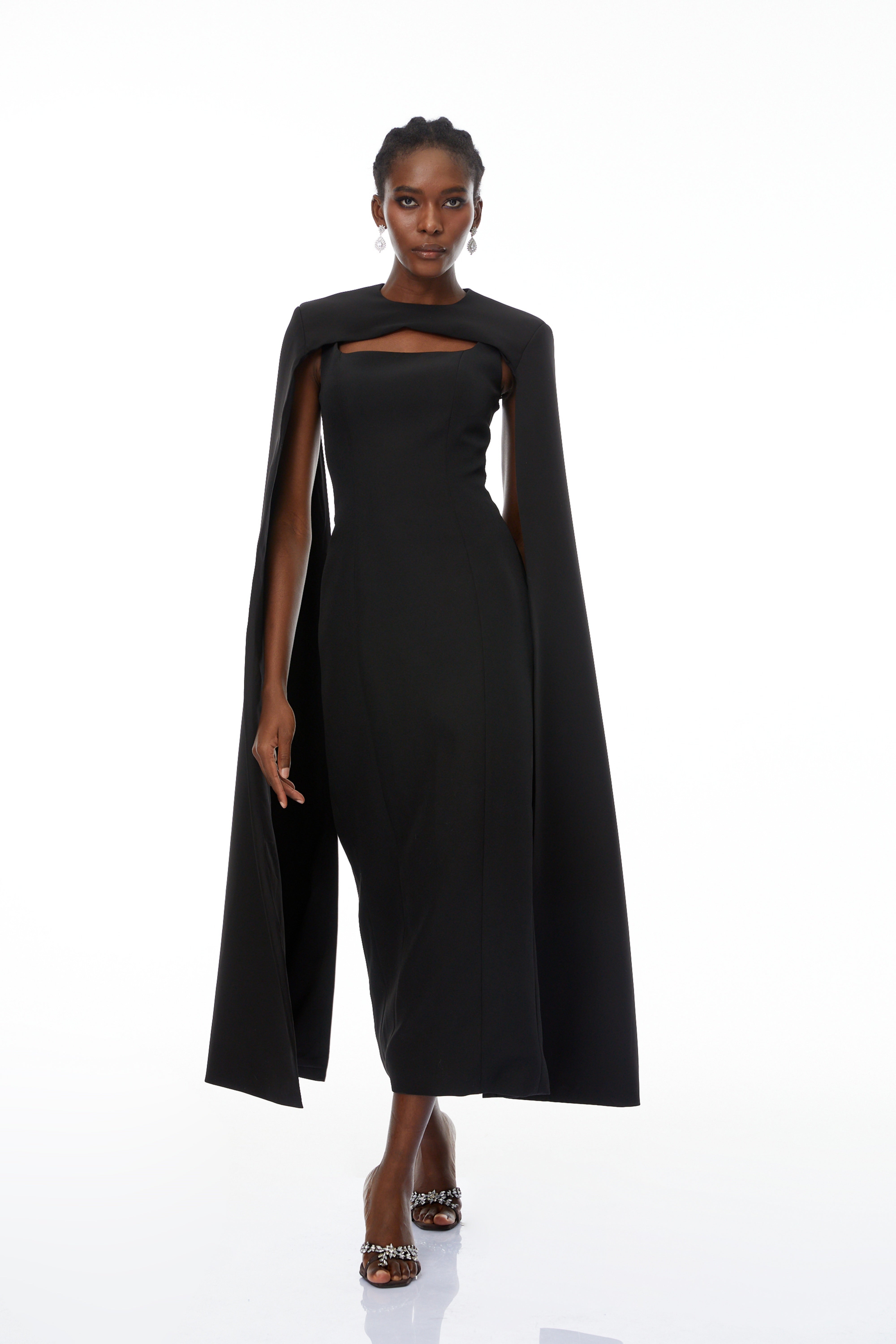 Brynja Black Cape Design Maxi Gown
