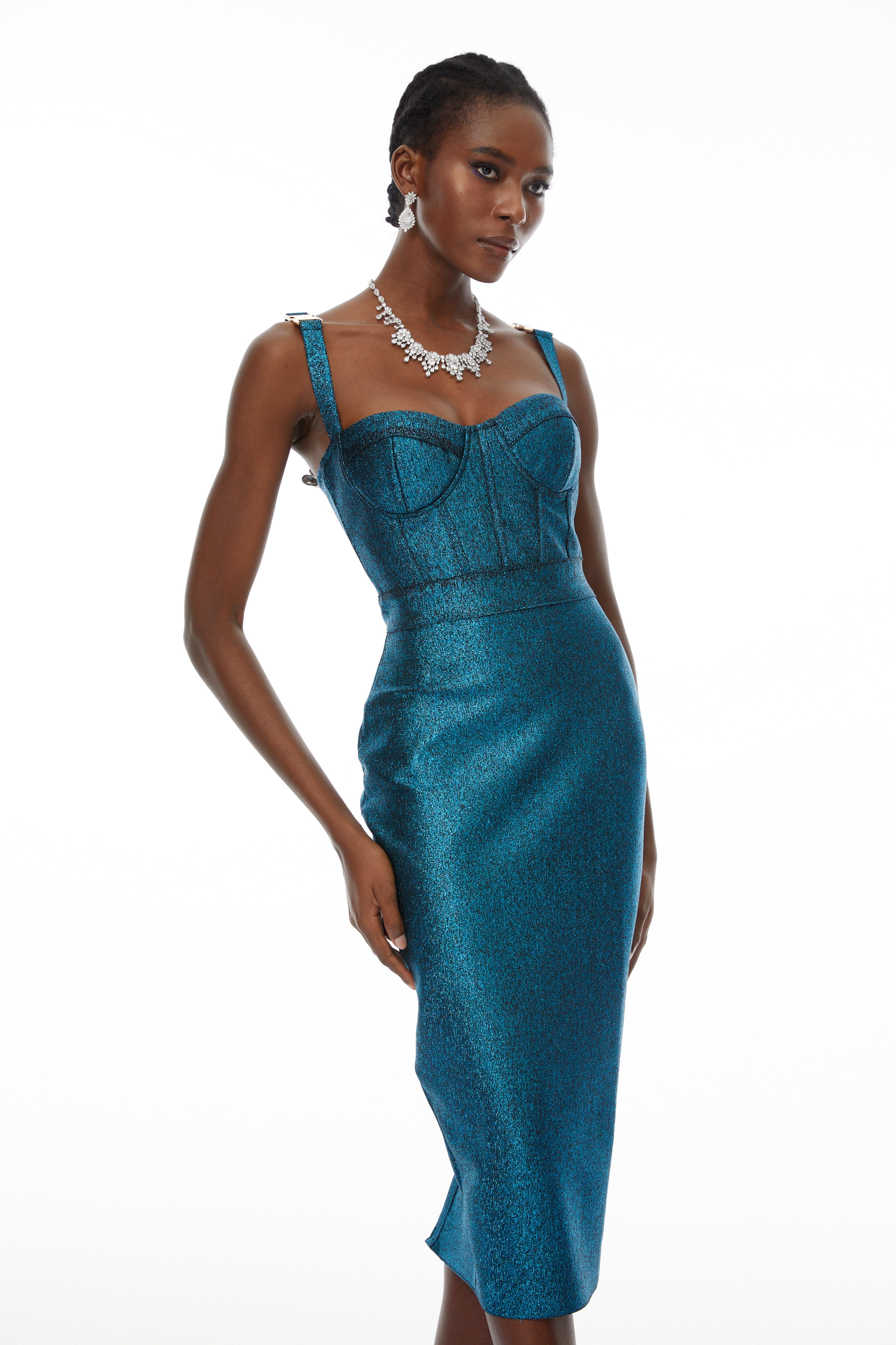 Edwina Blue Bandage Corset Midi Dress