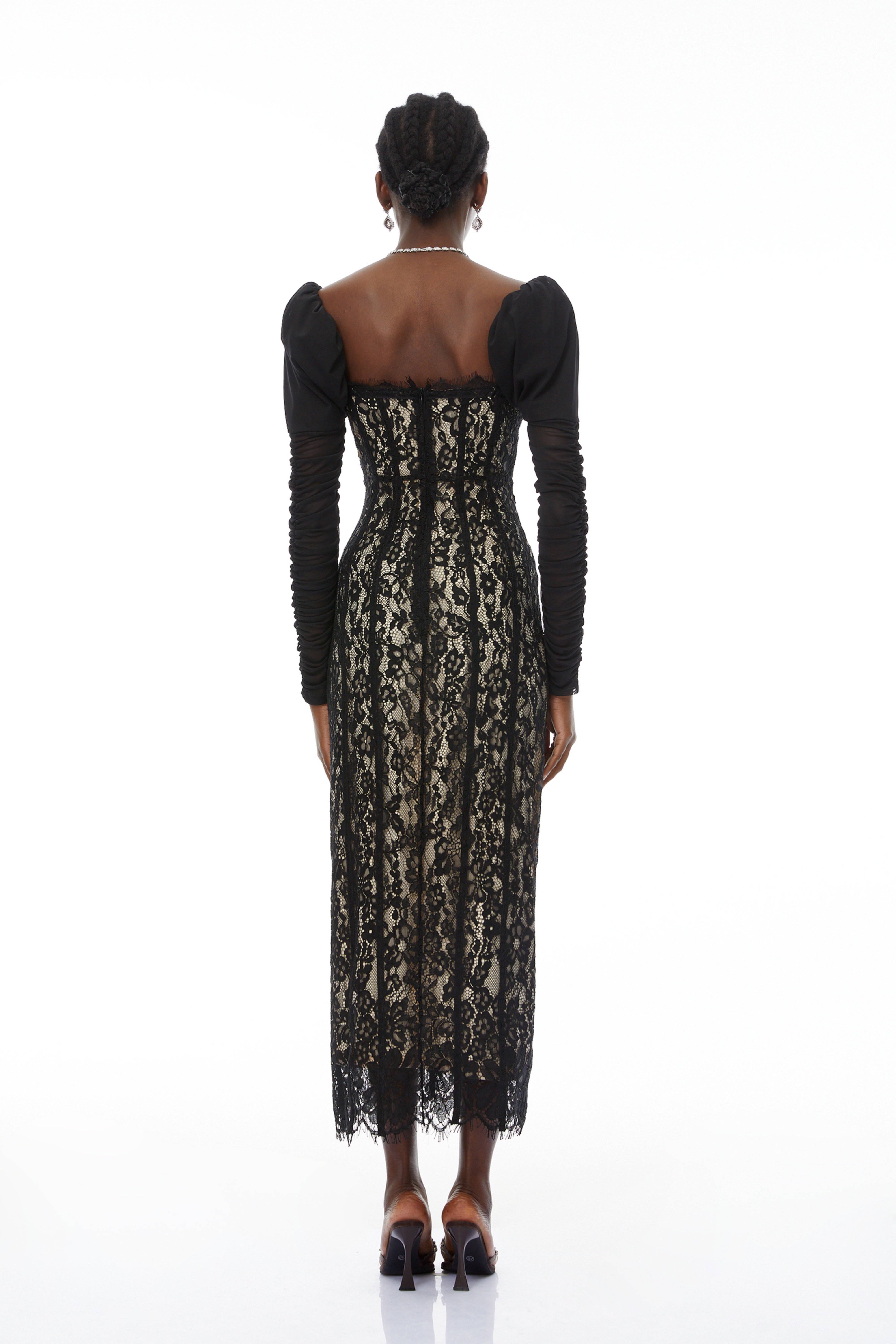 Beatrice Black Puff Sleeve Lace Maxi Dress
