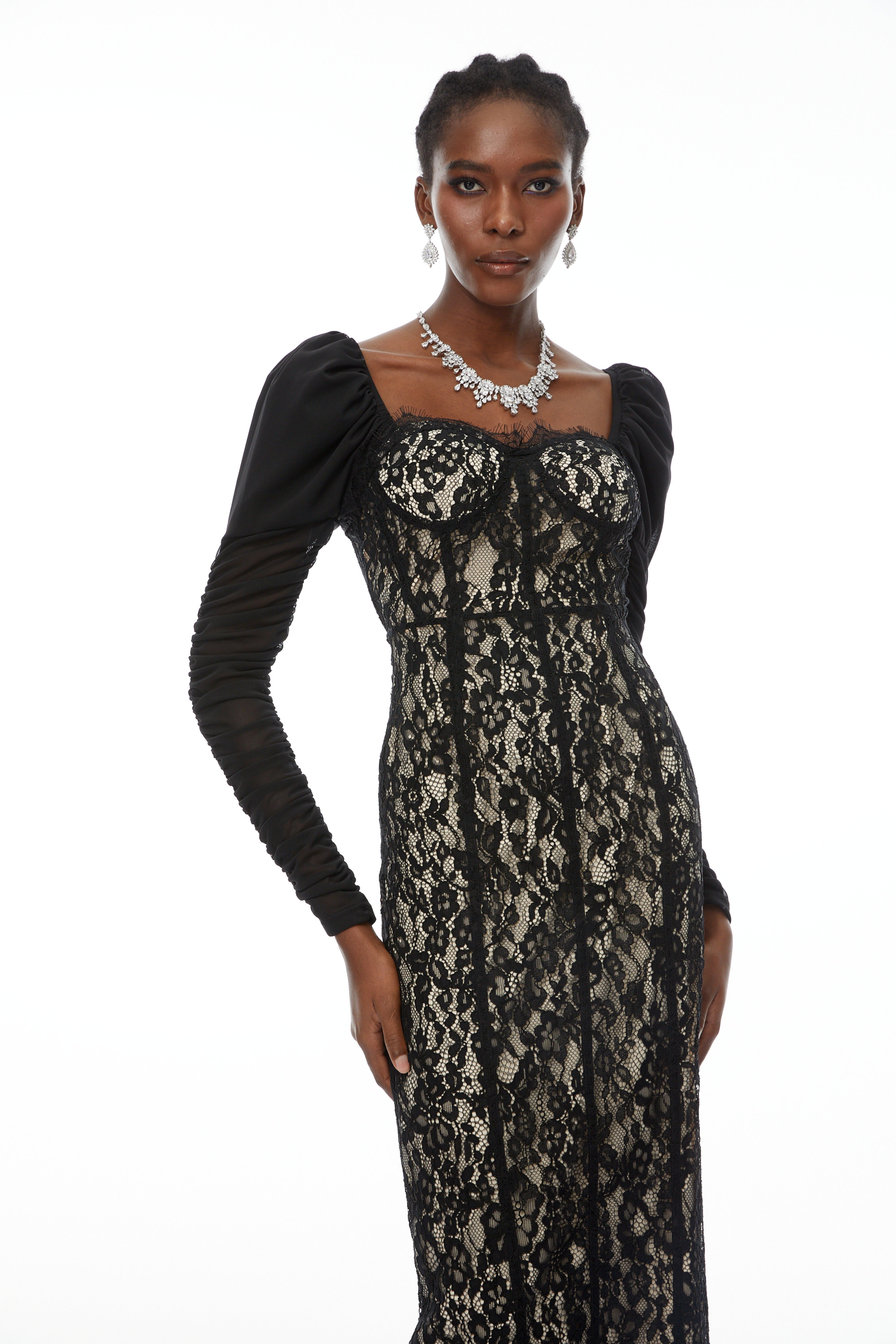 Beatrice Black Puff Sleeve Lace Maxi Dress