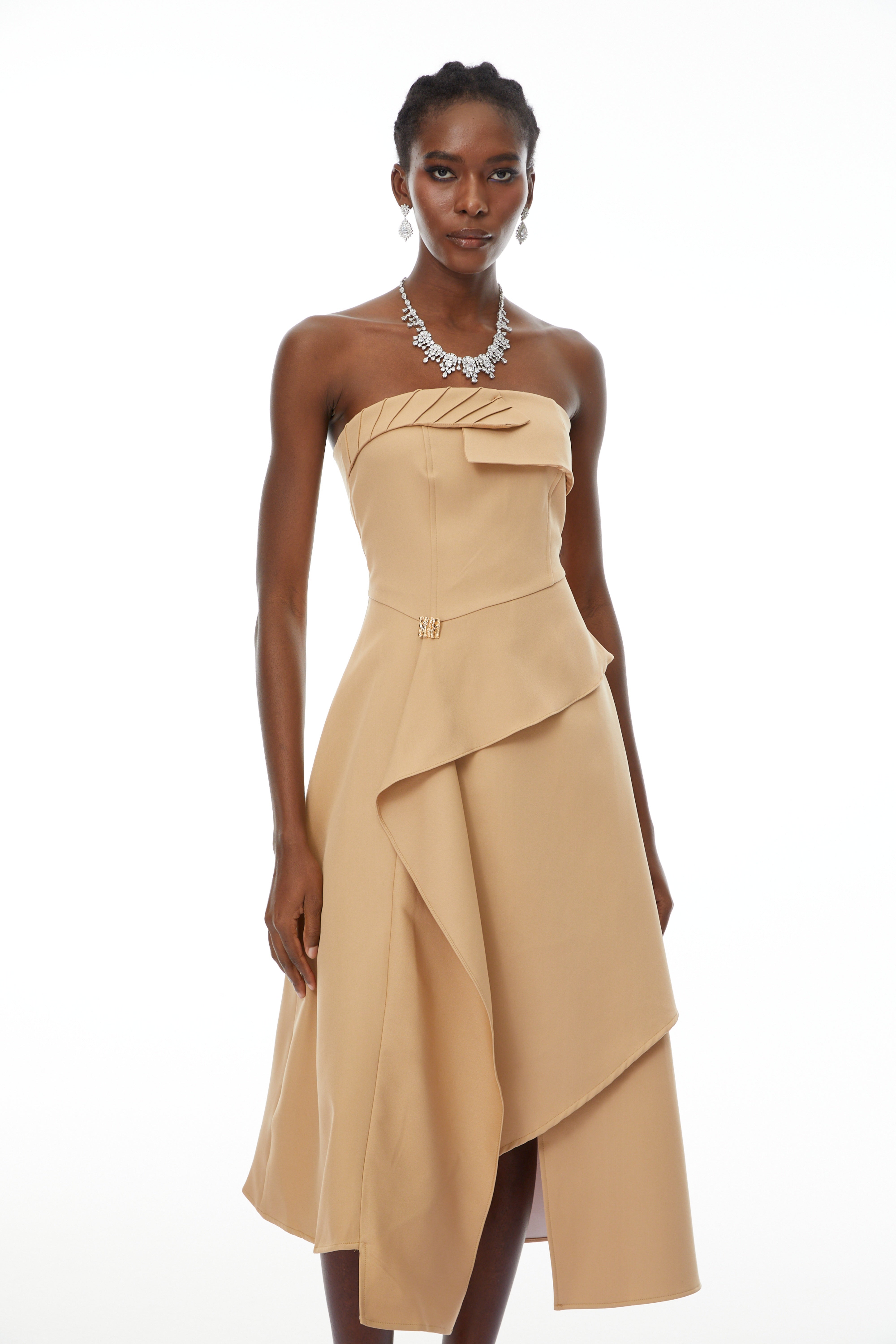 Mateo Khaki Off-Shoulder Asymmetrical Midi Dress