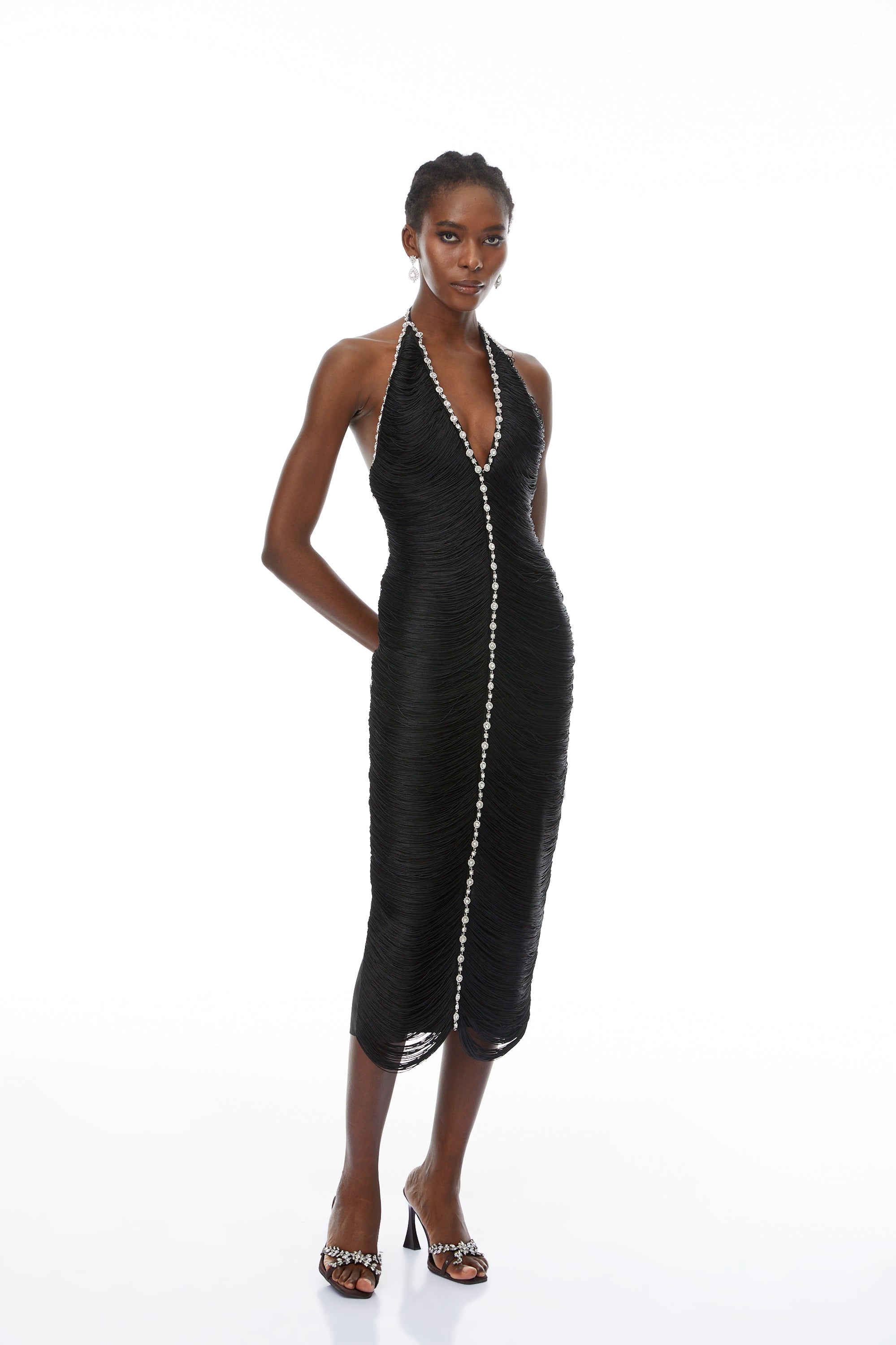 Grazia Black Halterneck Embellished Fringed Midi Dress