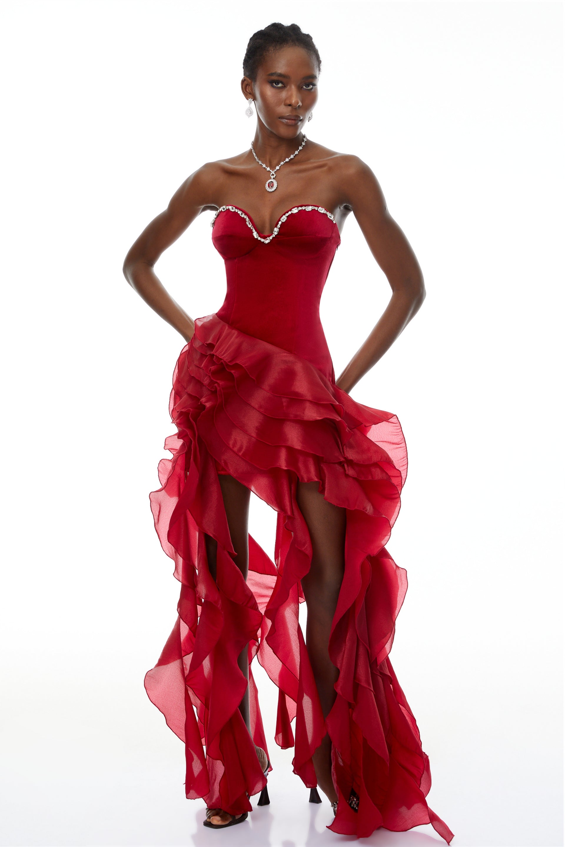 Lunetta Red Strapless Ruffled Maxi Dress, M / Red