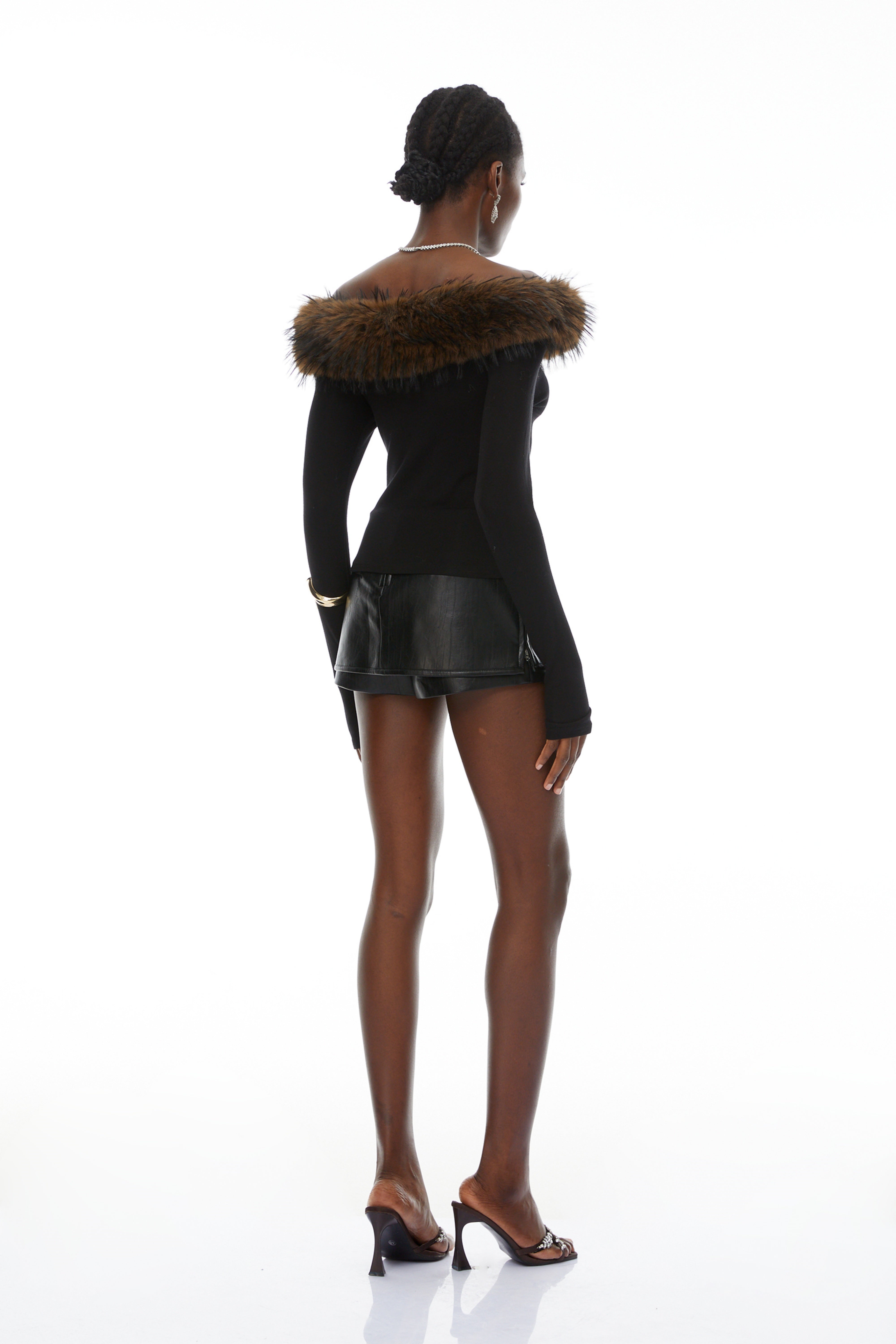 Livia Black Asymmetrical Fur Trim Blouse