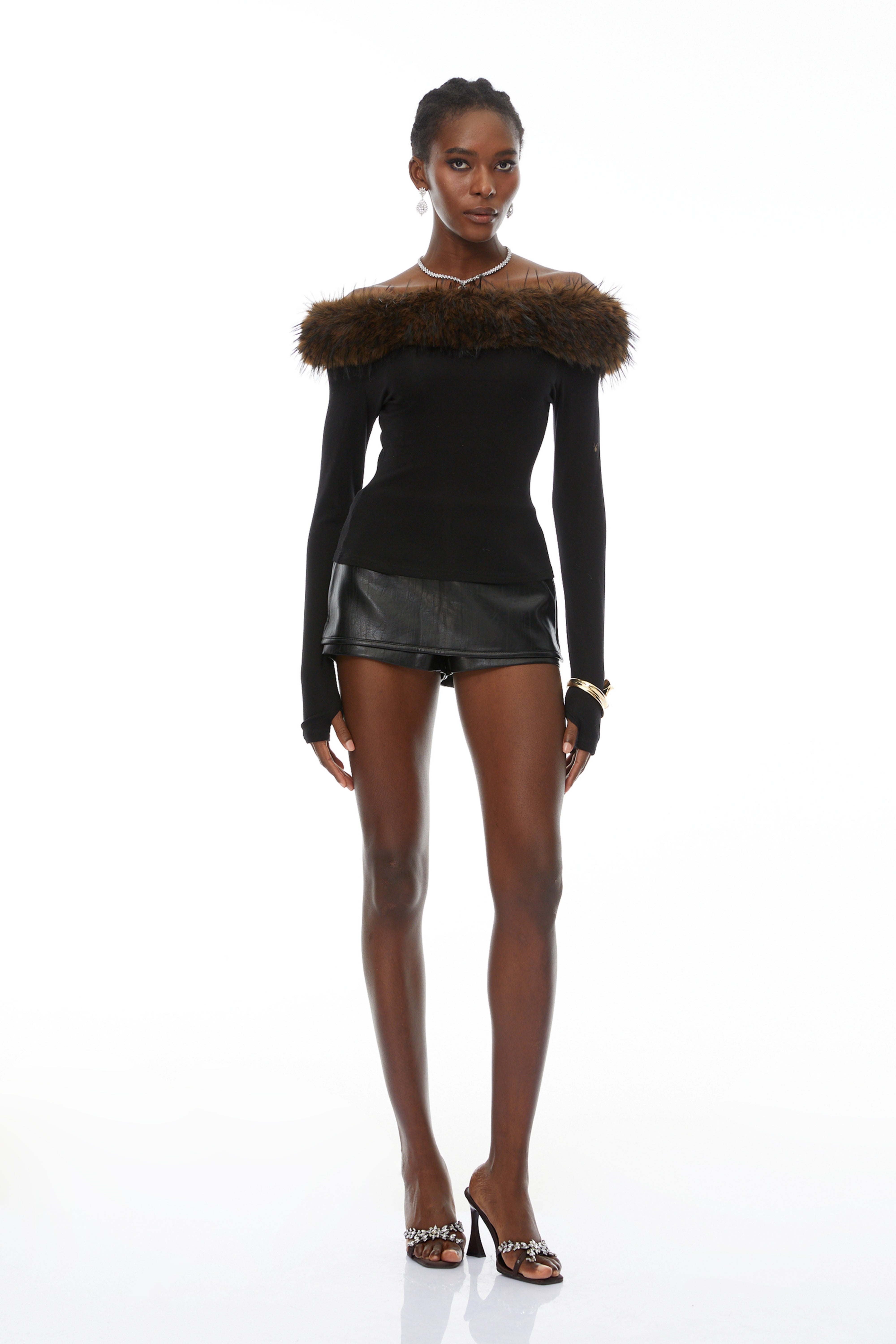 Livia Black Asymmetrical Fur Trim Blouse