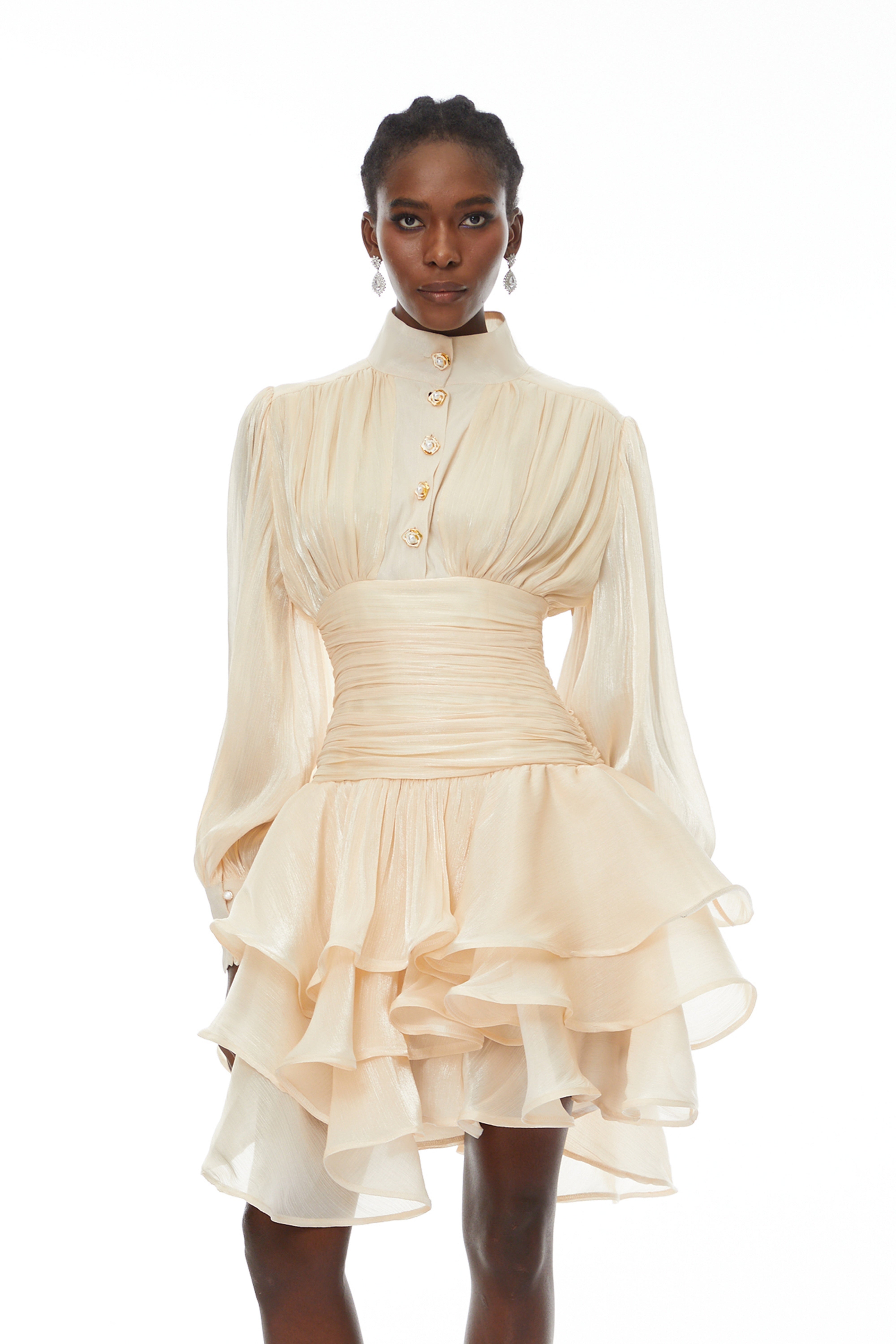 Emersyn Neutrals High-Neck Ruffled Detail Mini Dress