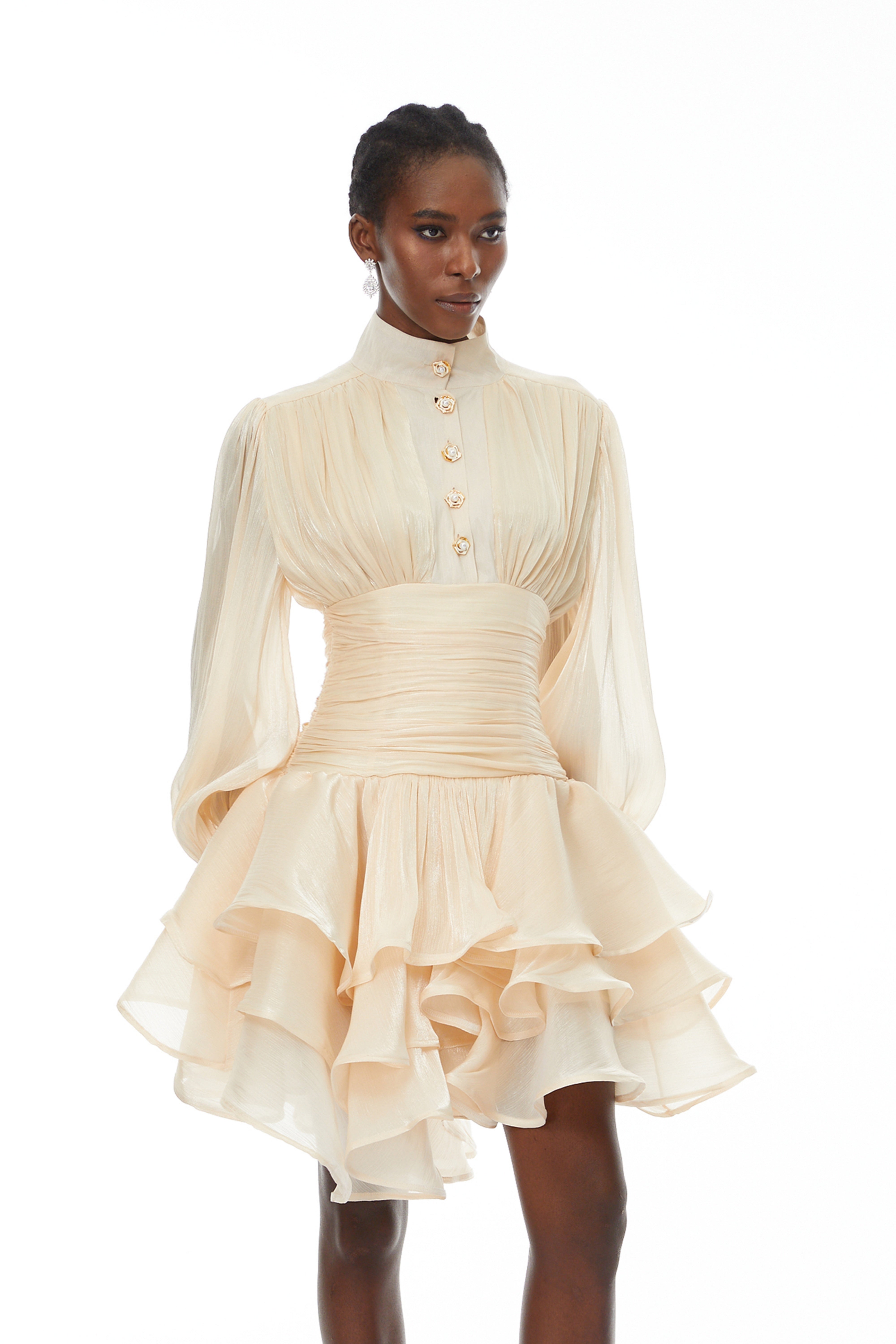 Emersyn Neutrals High-Neck Ruffled Detail Mini Dress