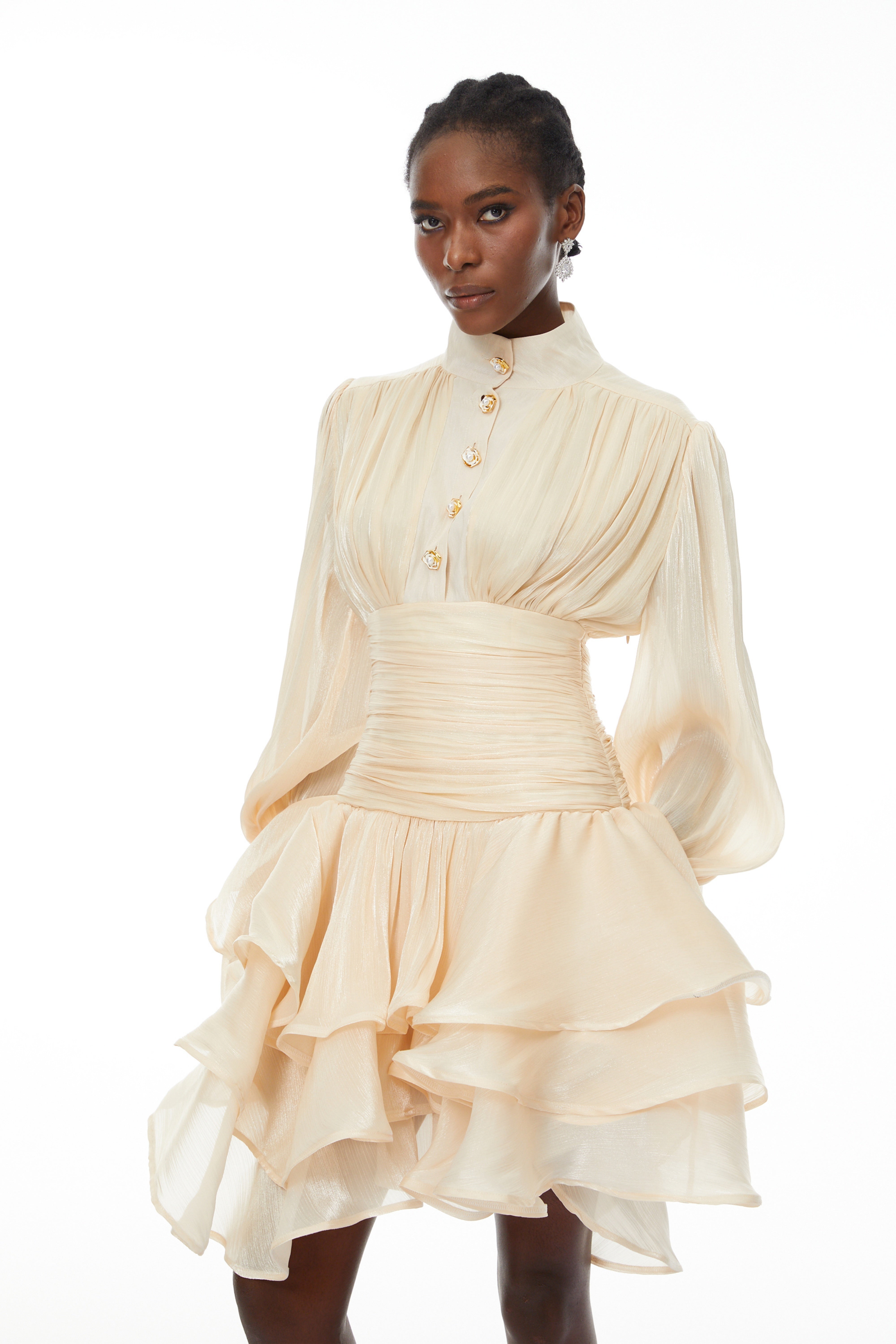 Emersyn Neutrals High-Neck Ruffled Detail Mini Dress