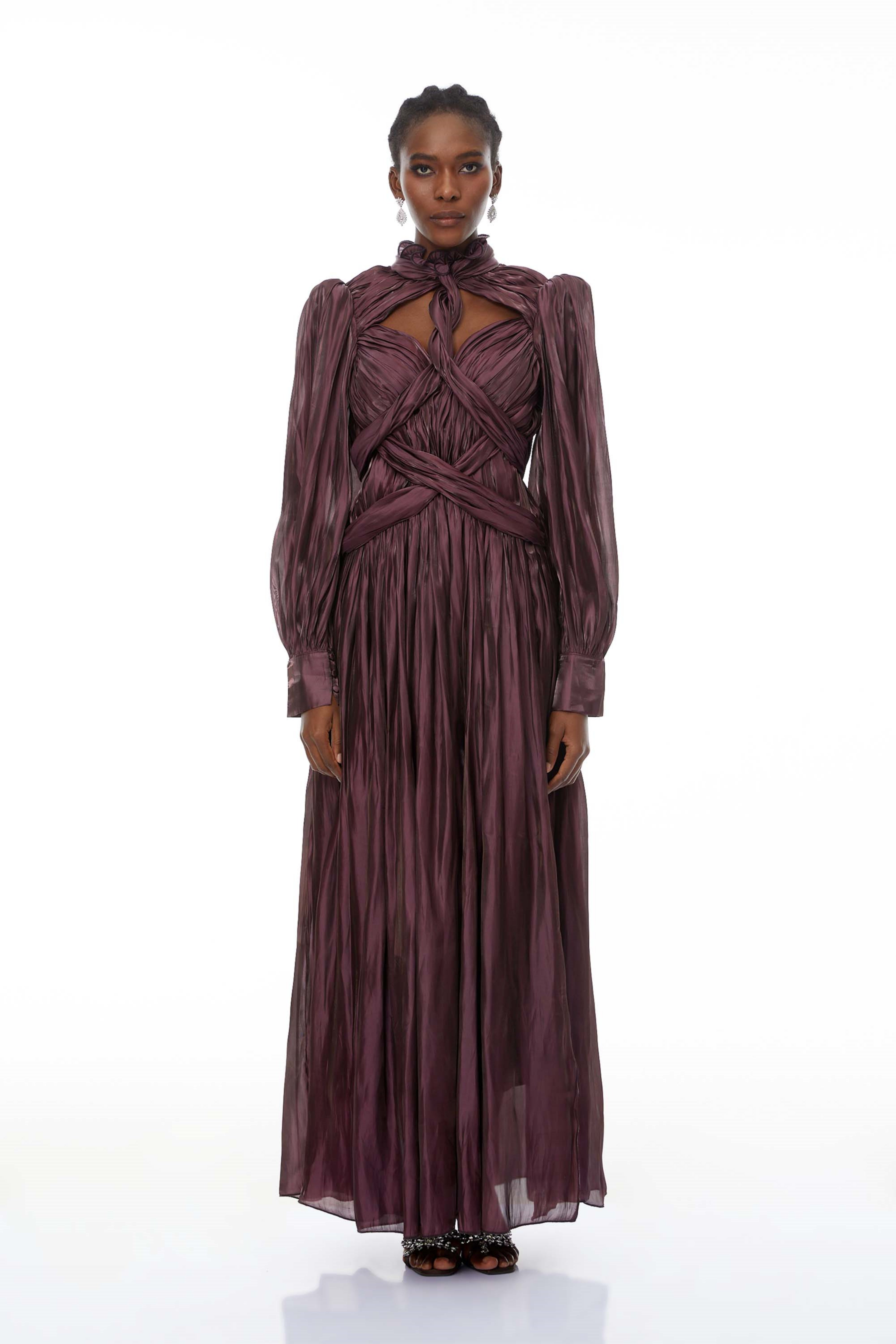 Sage Brown Crossed Design Maxi Dress