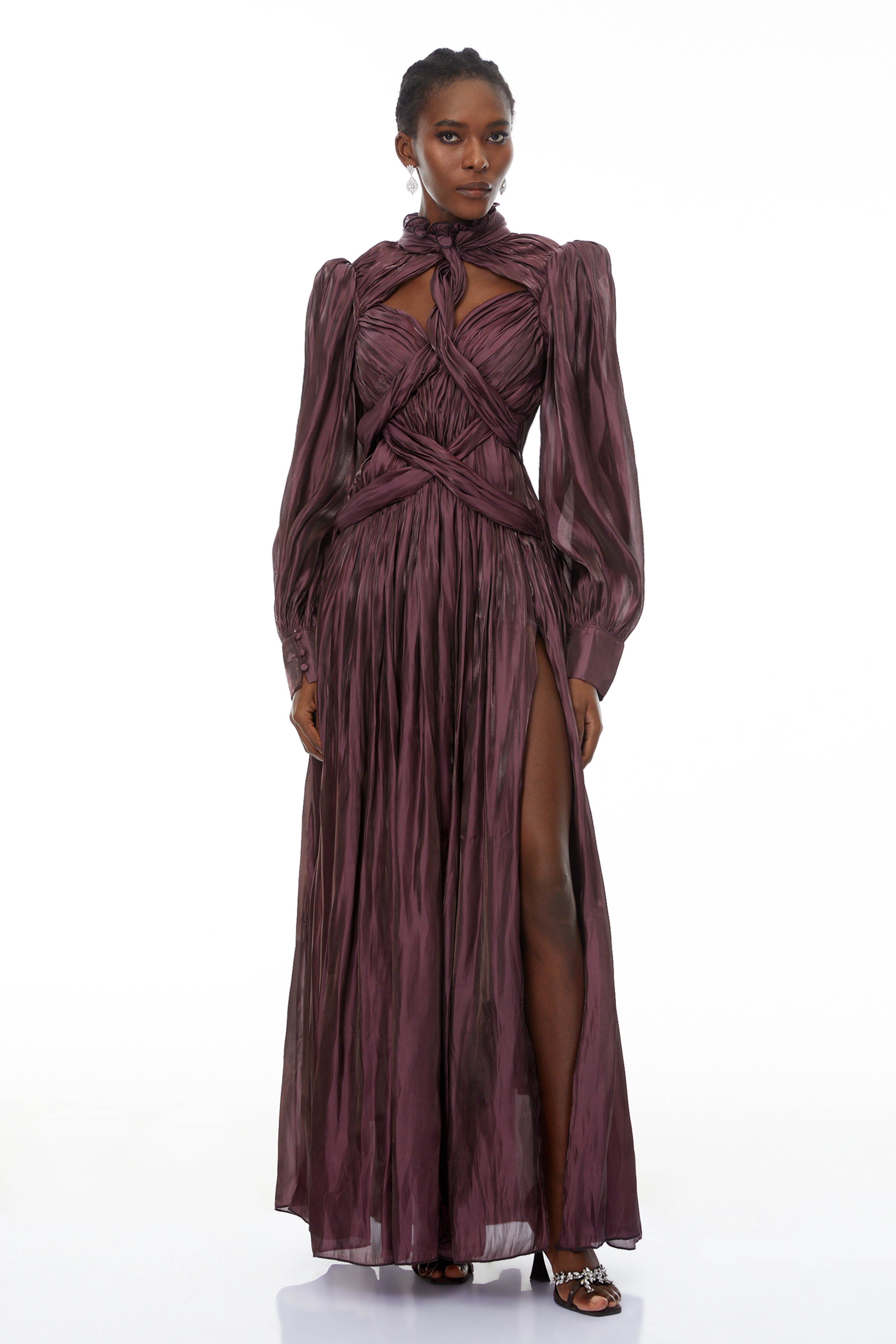 Sage Brown Crossed Design Maxi Dress