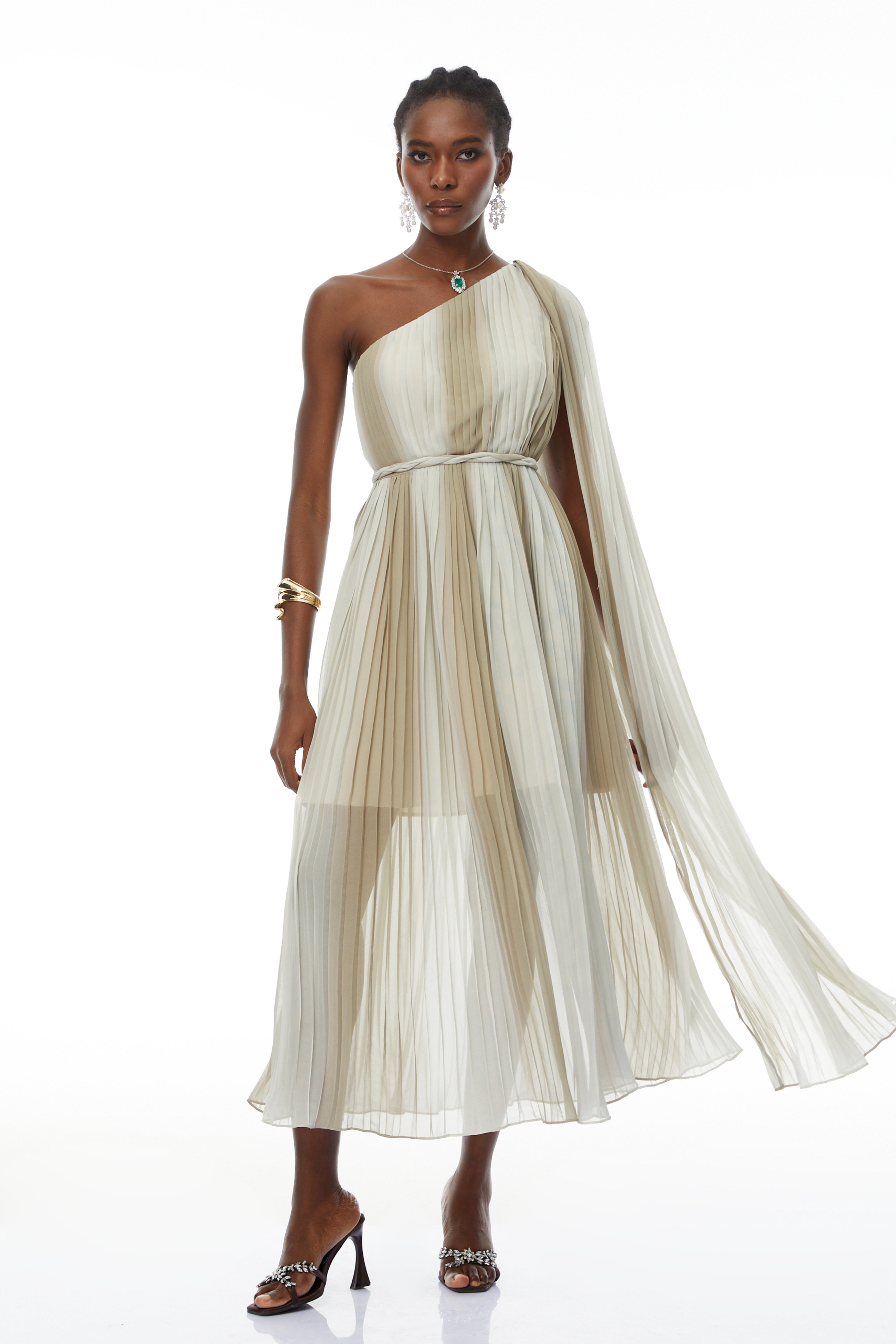 Margaret Green One Shoulder Ruched Midi Dress