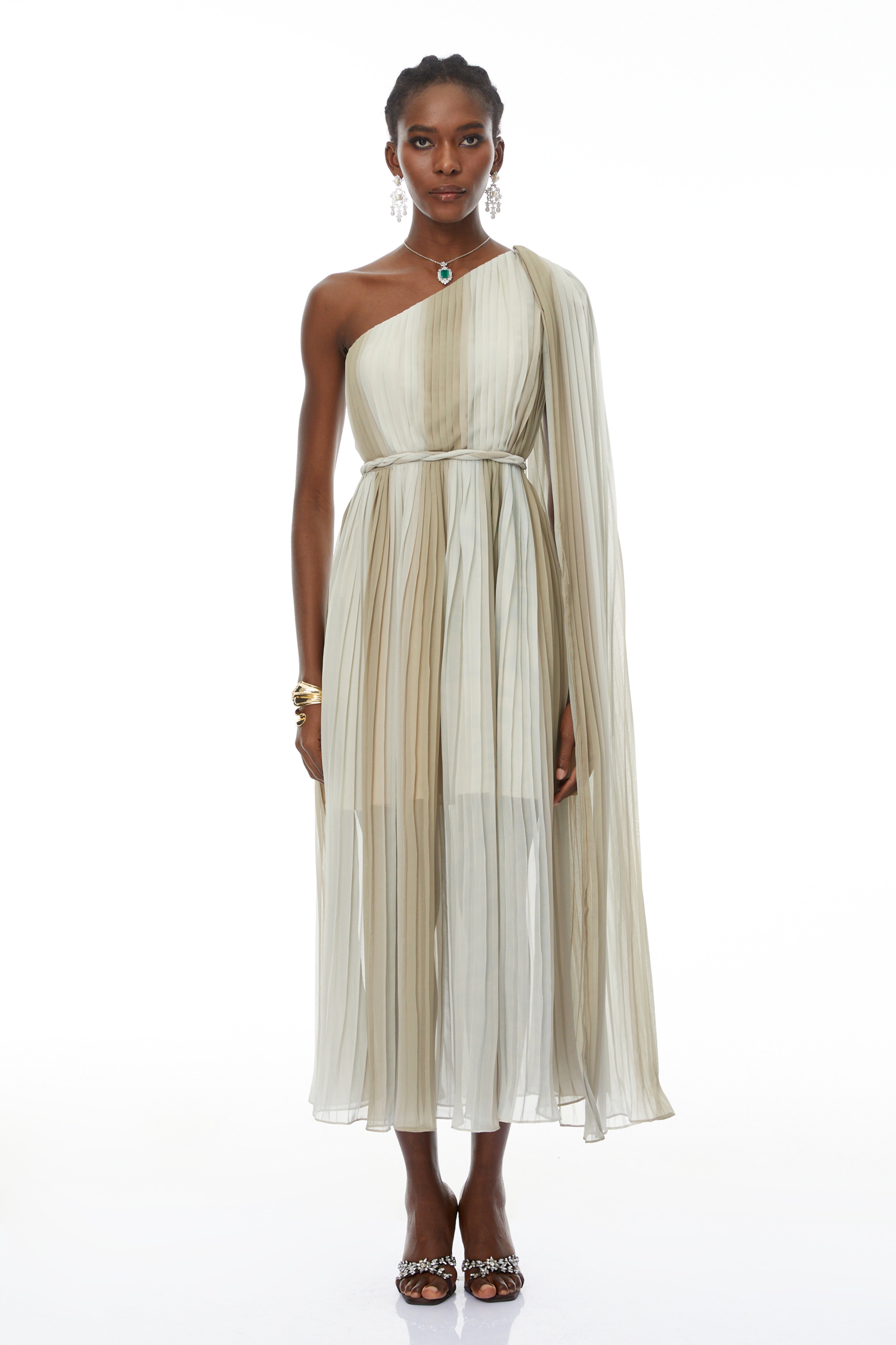 Margaret Green One Shoulder Ruched Midi Dress