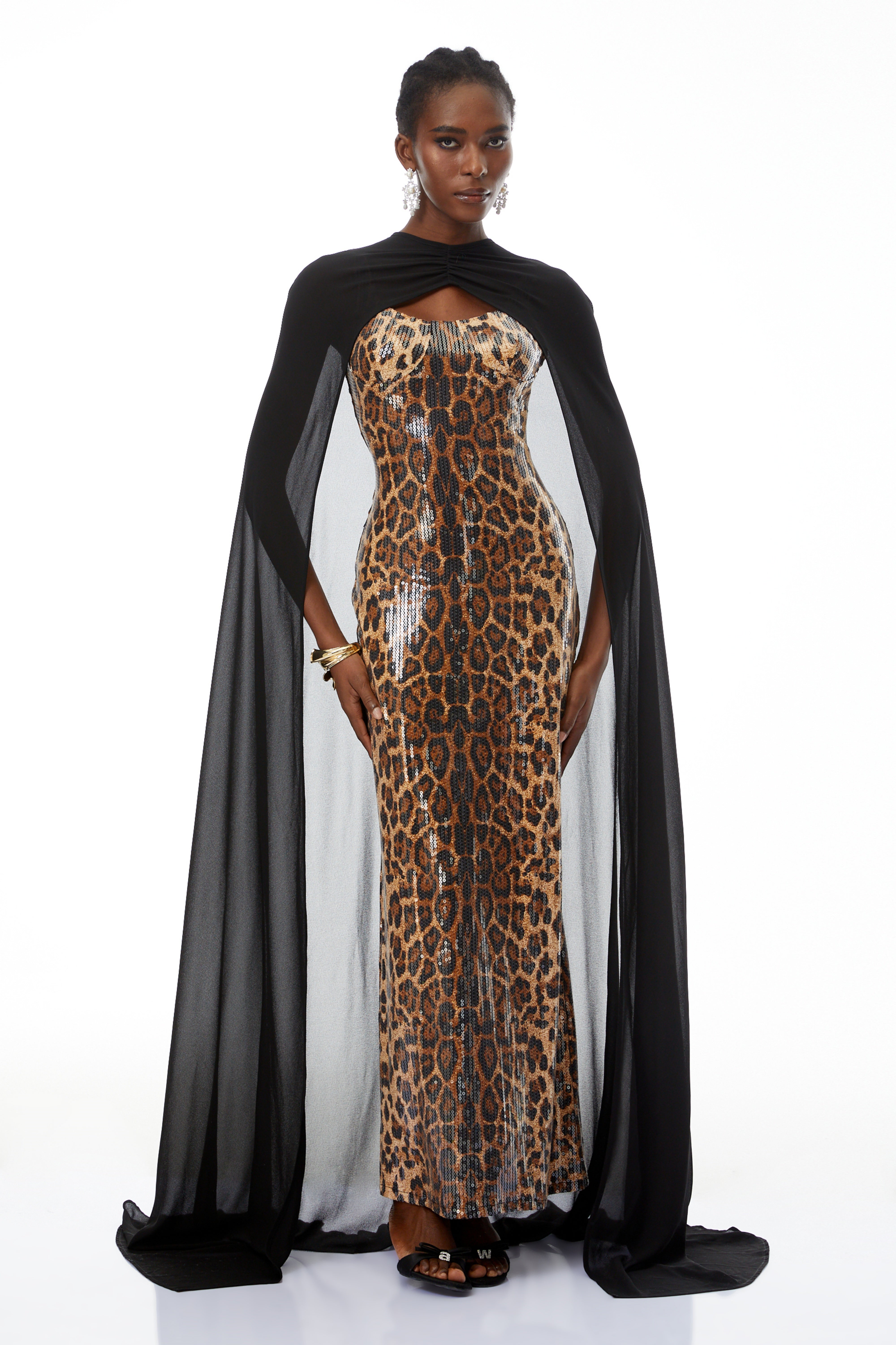 Lorenzo Black Cape & Leopard Print Maxi Dress Set