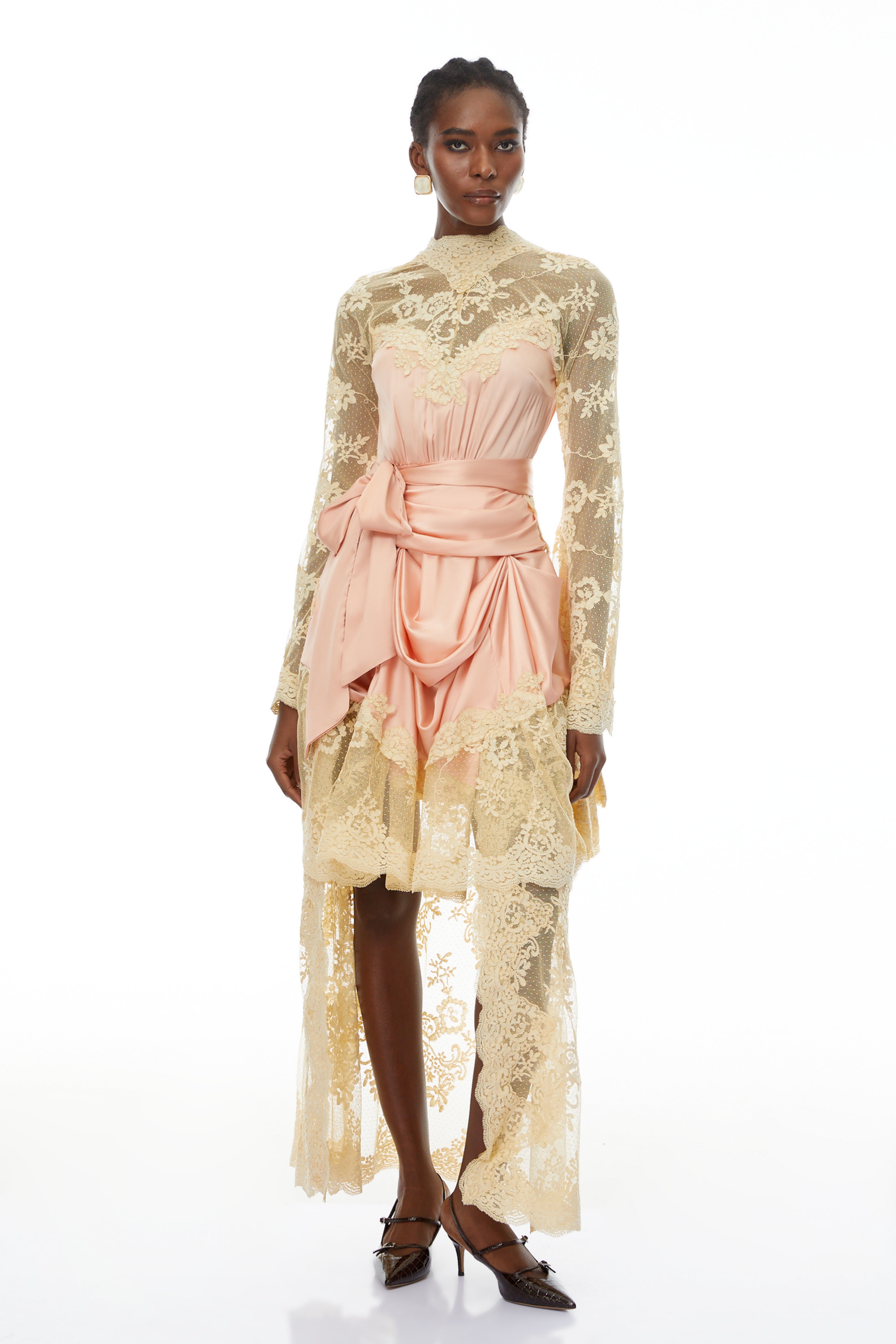 Francesca Pink Self-tie Lace Midi Dress