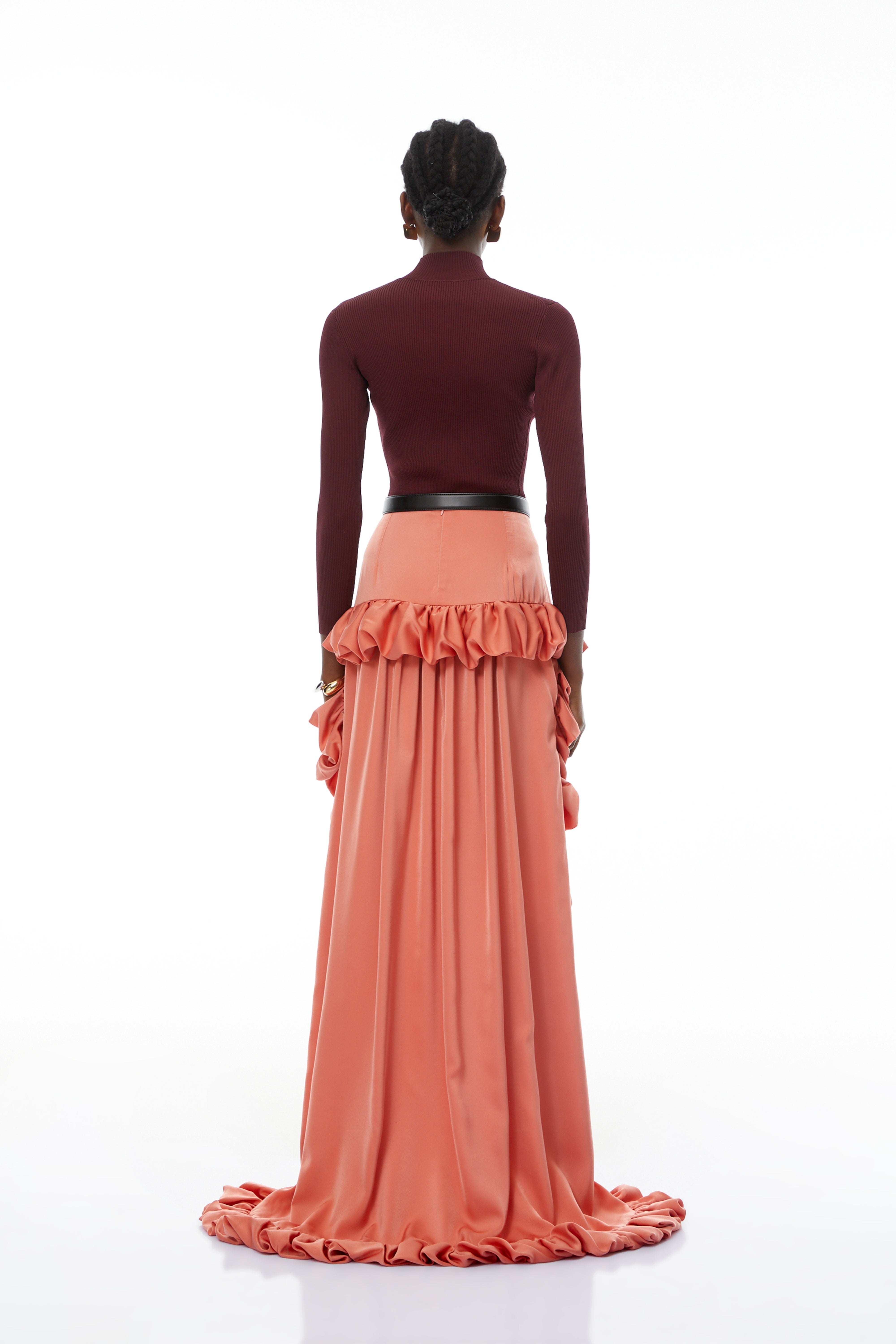 Saveria Pink Ruffled High-Low Satin Skirt