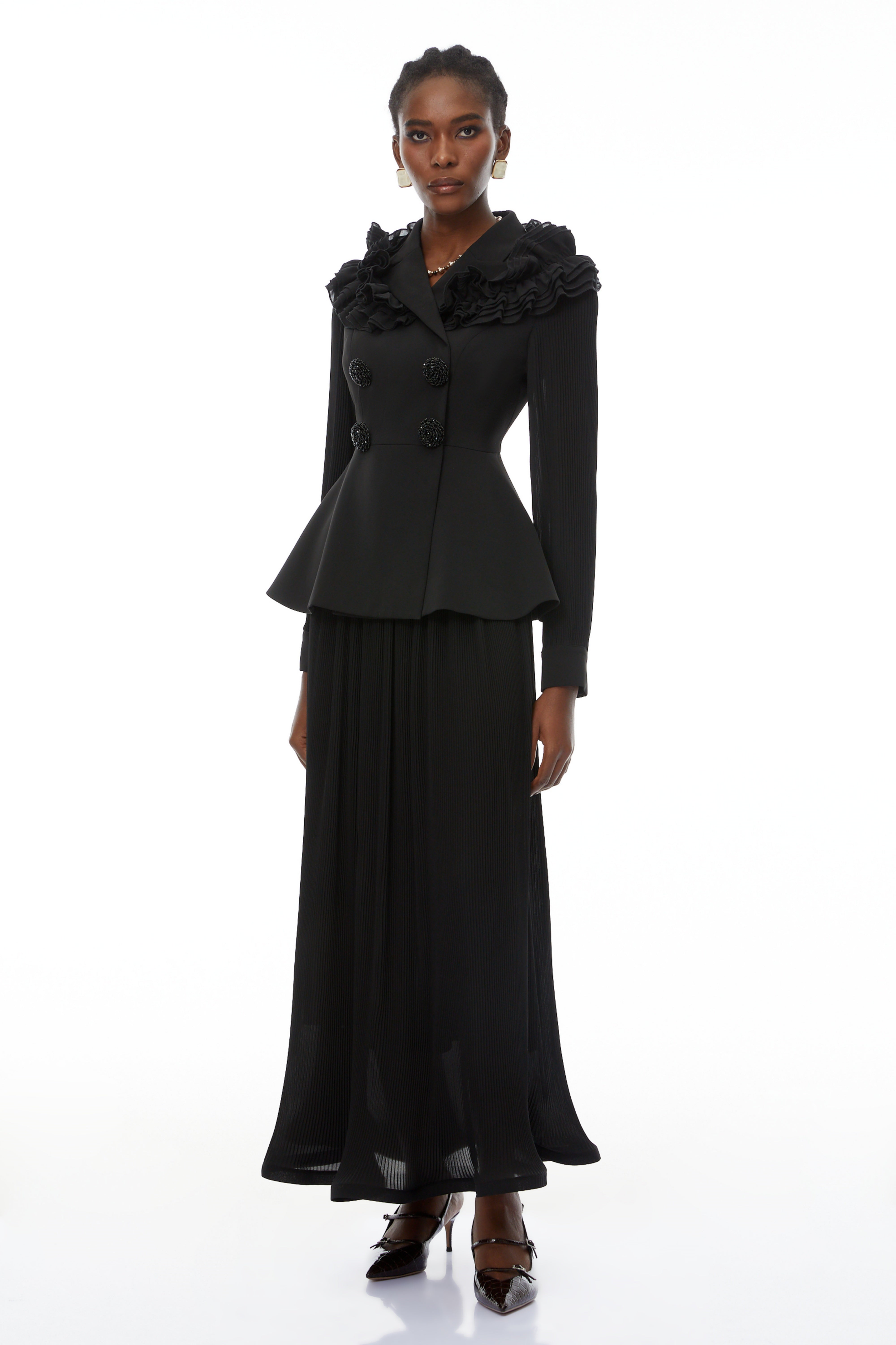 Prudence Black Ruffled Blazer & Pleated Skirt Set