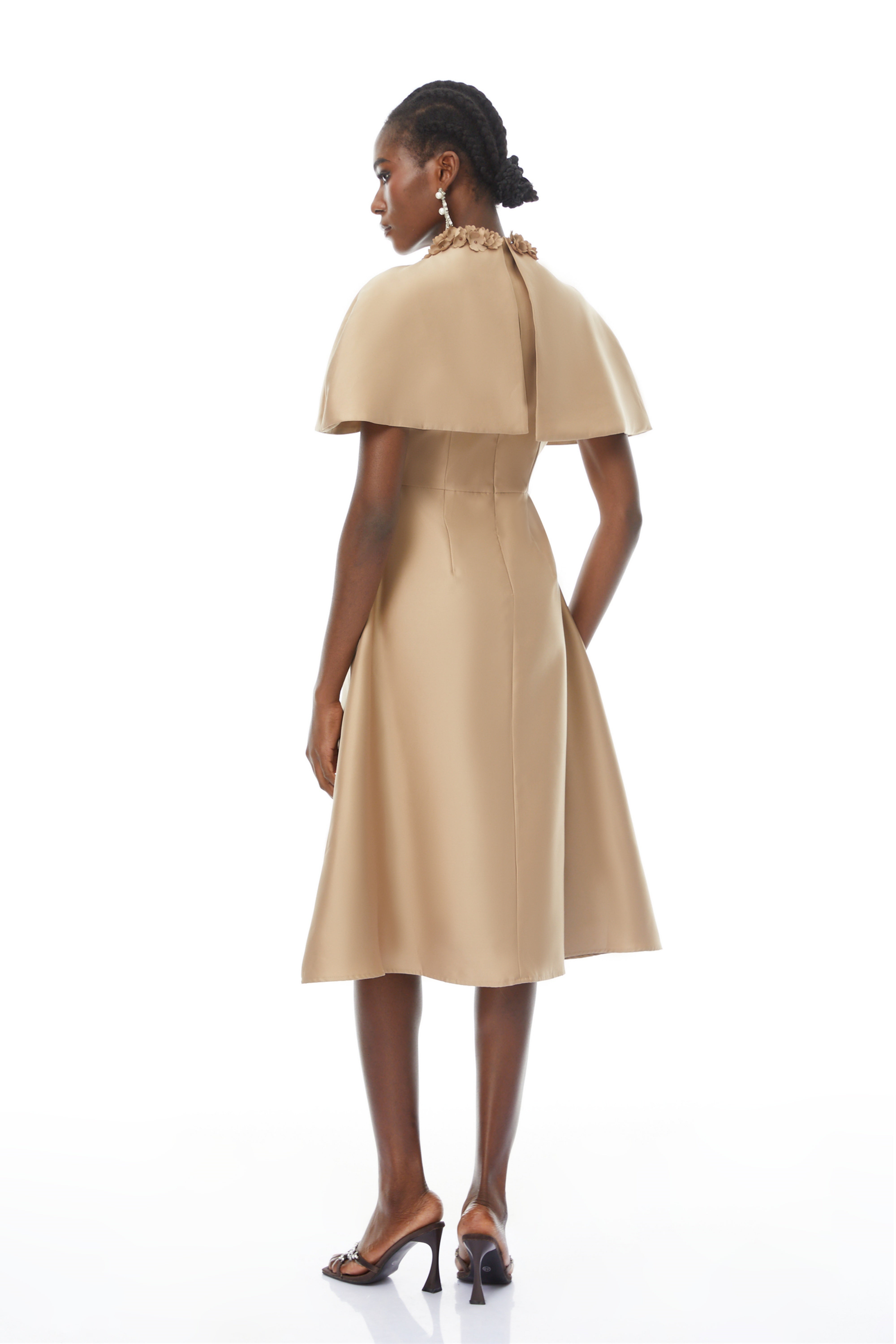 Hilda Khaki Cape Design Satin Midi Dress