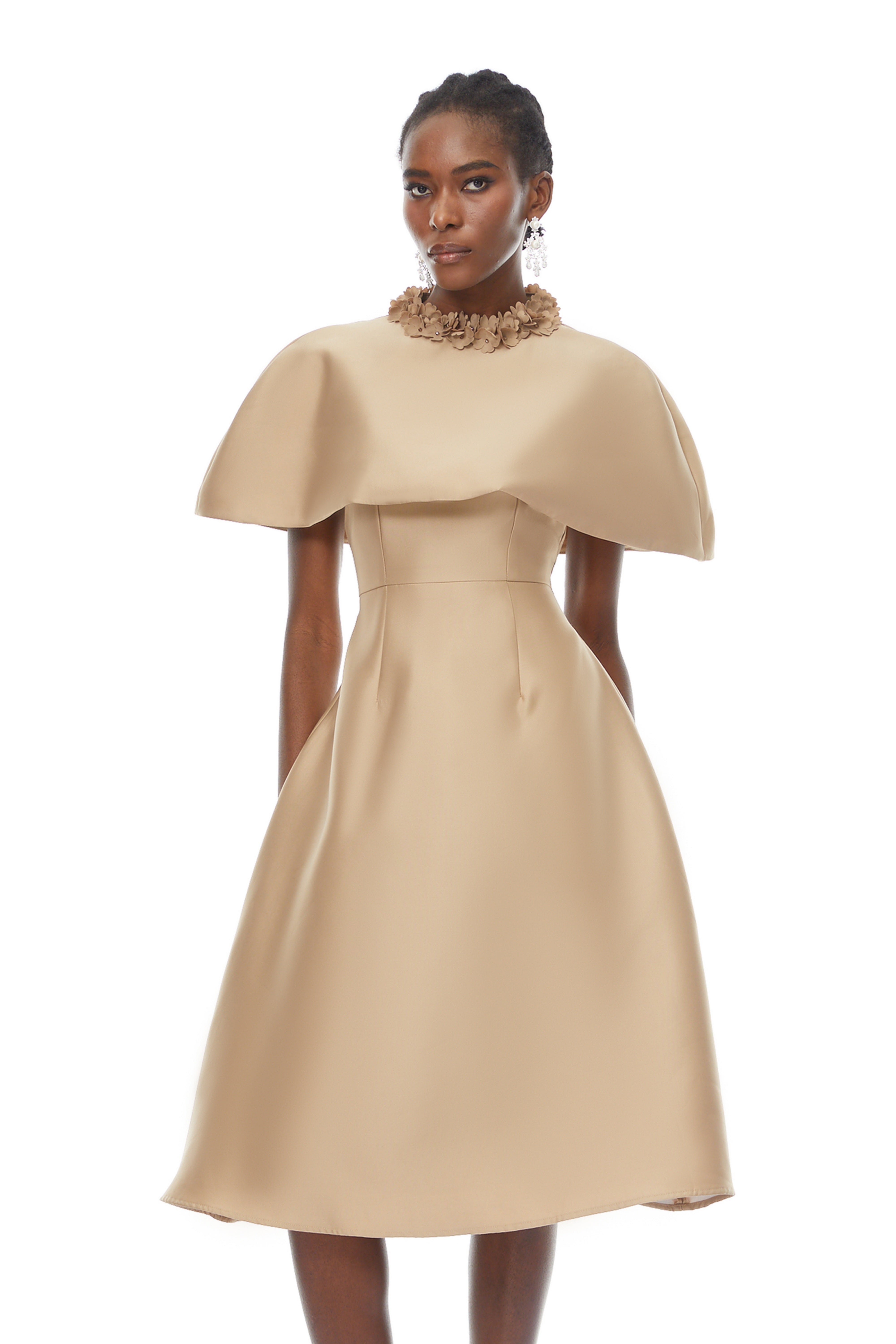Hilda Khaki Cape Design Satin Midi Dress