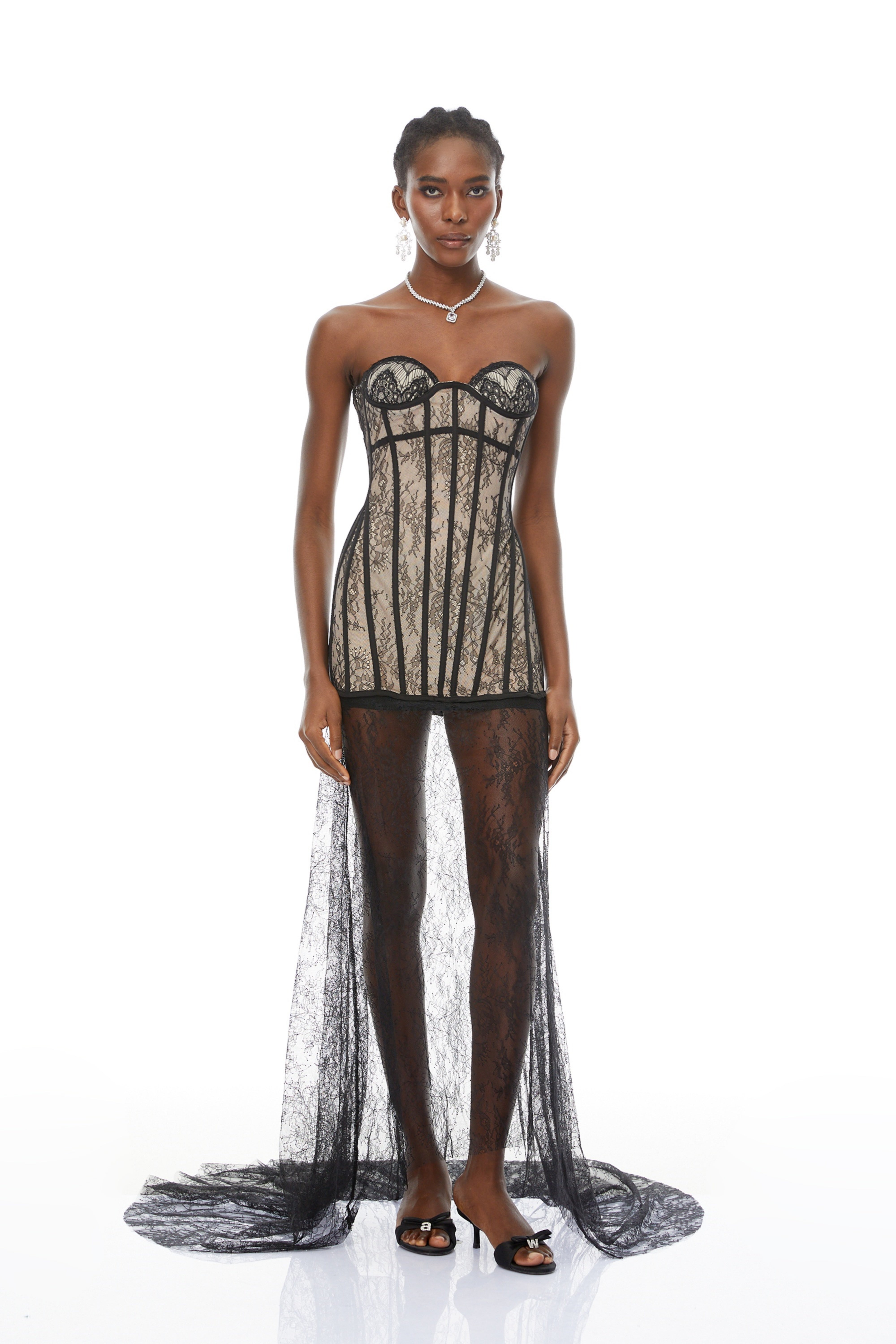 Astrid Black Floral Lace Corset Maxi Dress