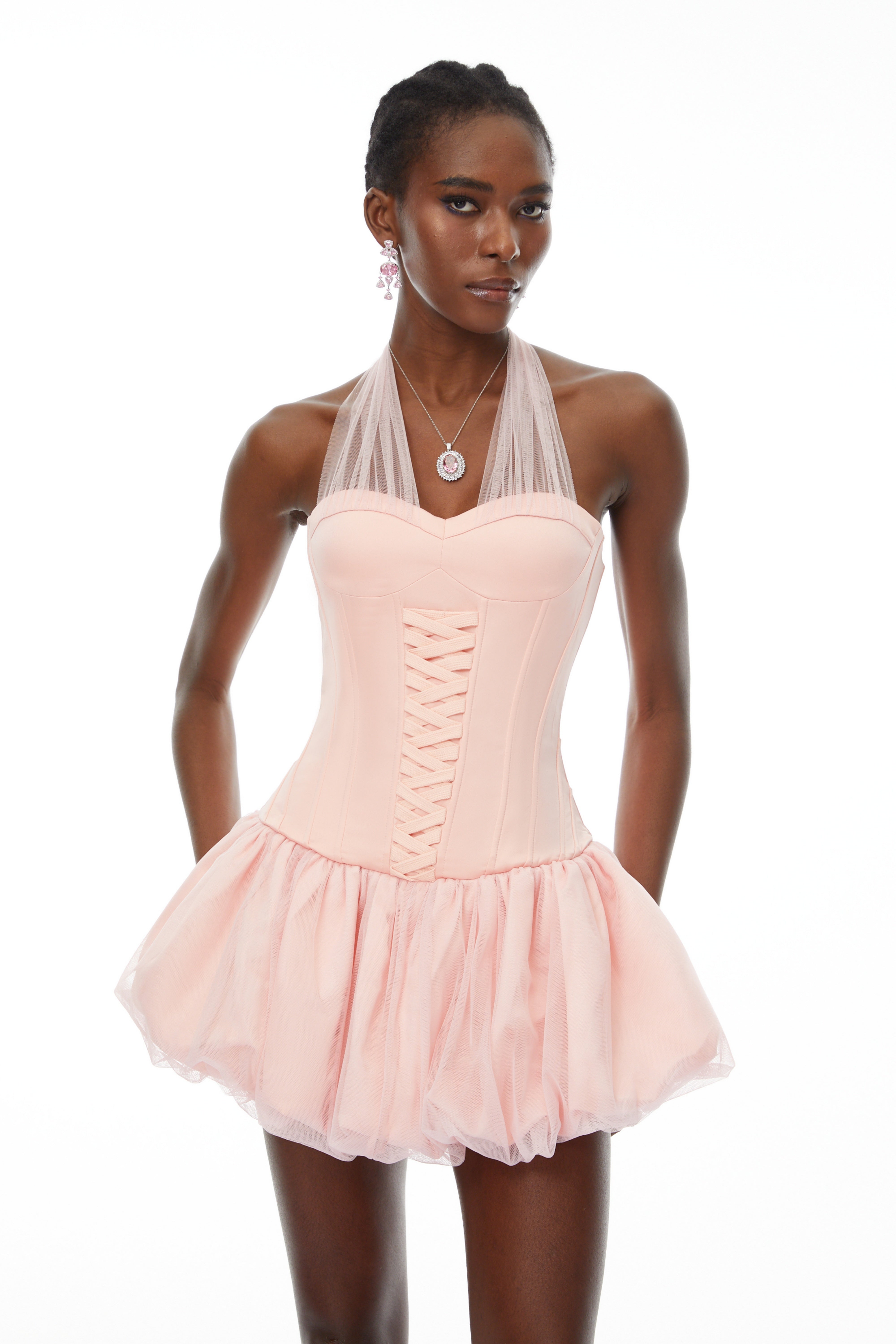 Constance Pink Halterneck Oraganza Panel Satin Mini Dress