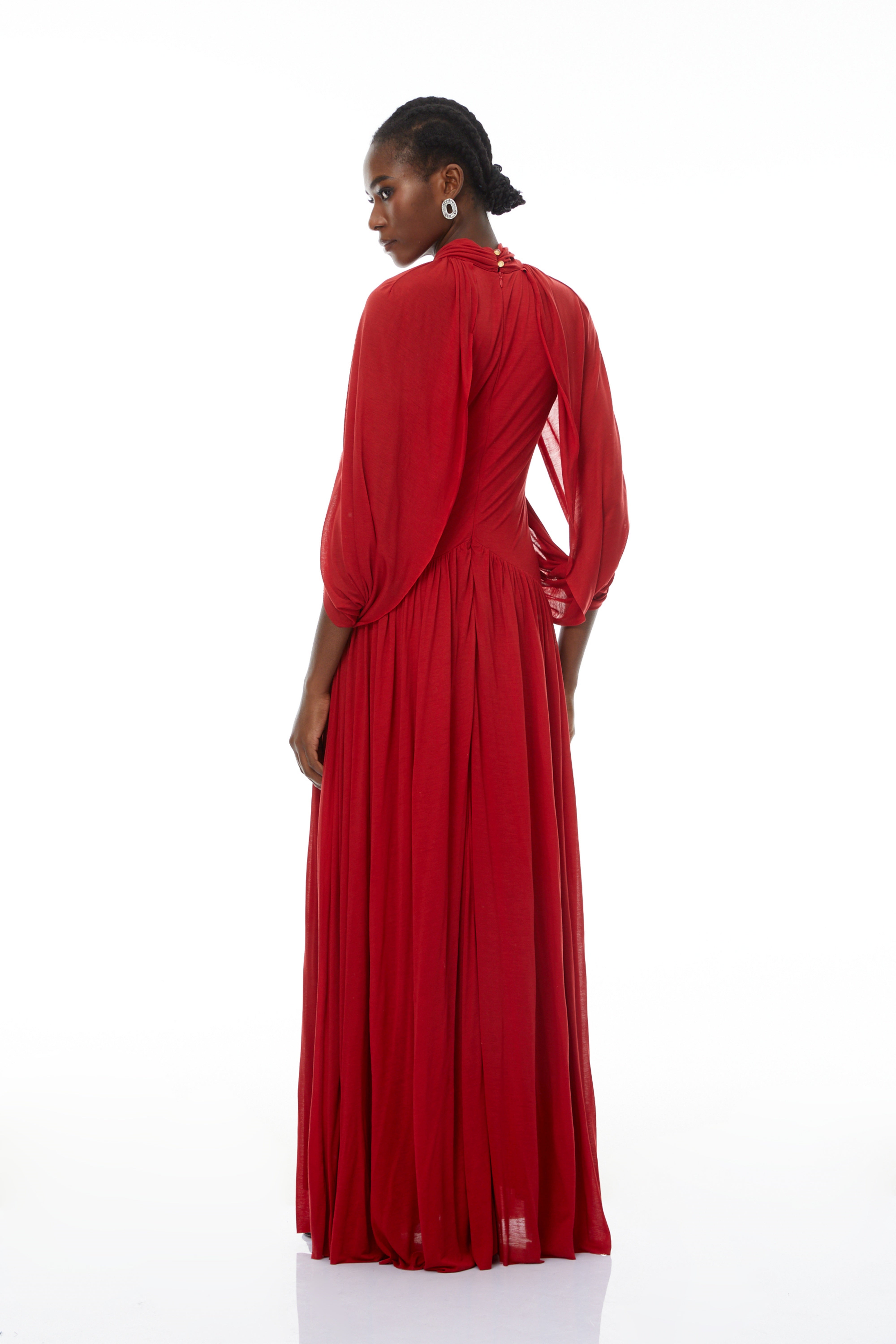 Bergljot Red Cape Design Mesh Maxi Dress