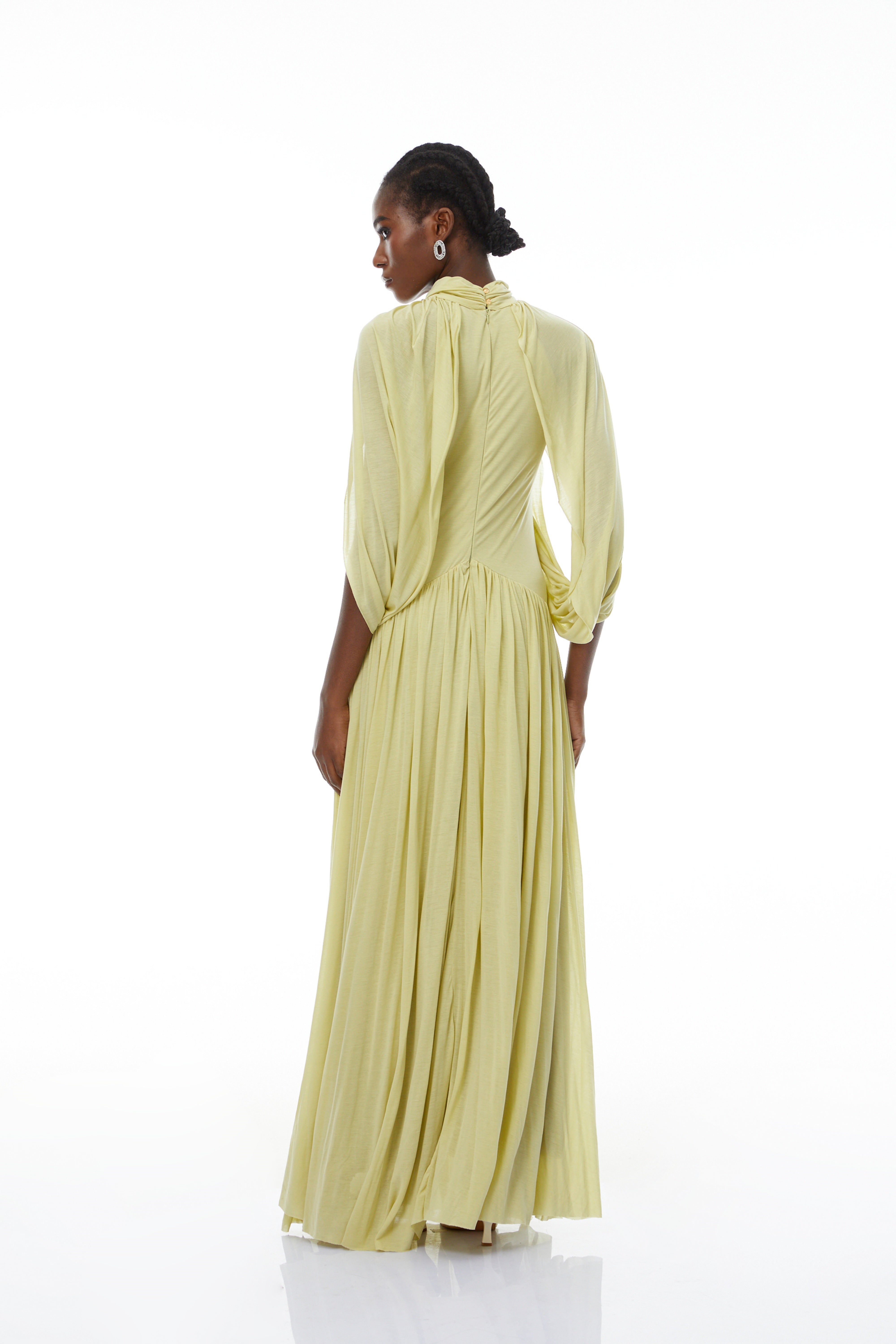 Bergljot Green Cape Design Mesh Maxi Dress