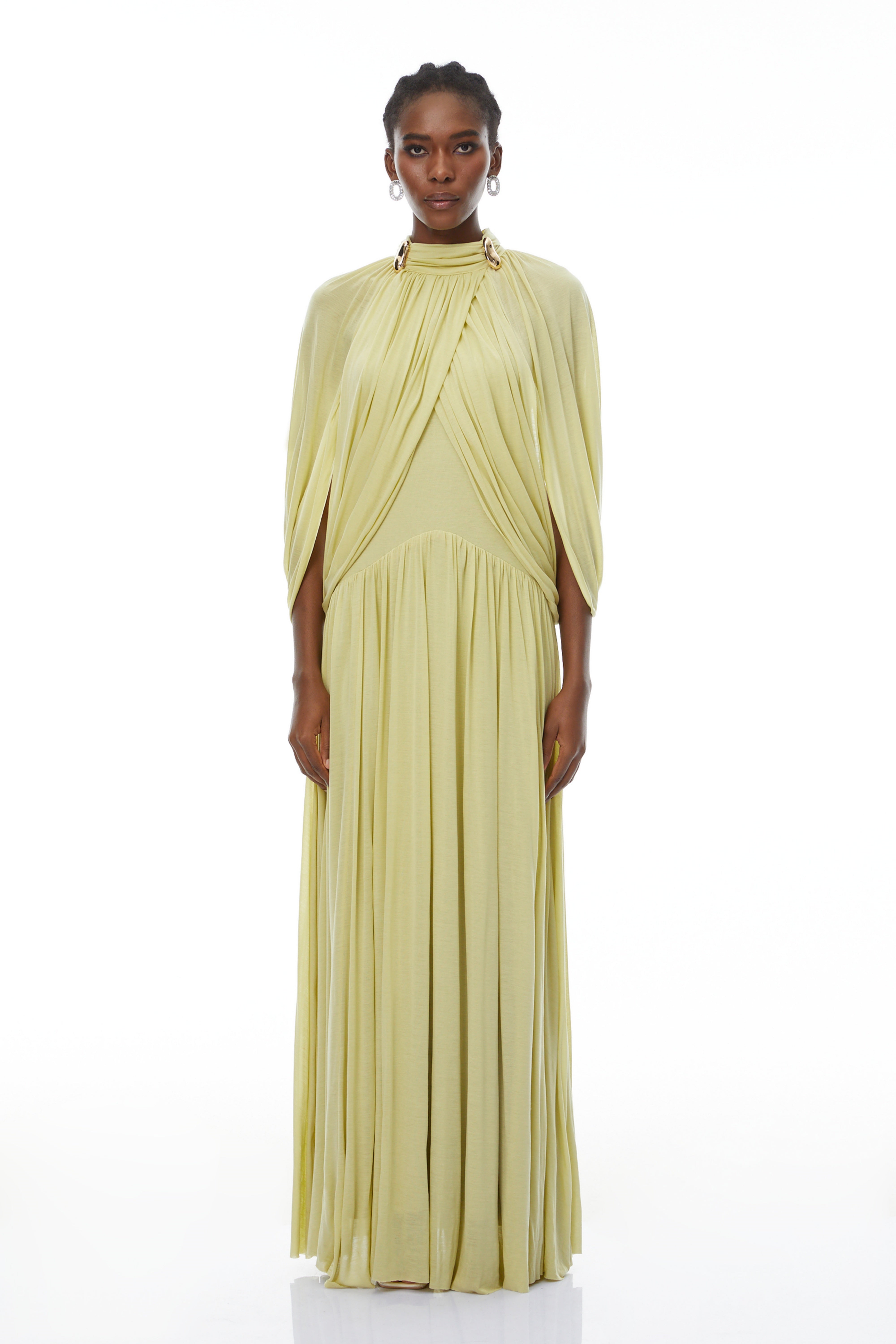 Bergljot Green Cape Design Mesh Maxi Dress