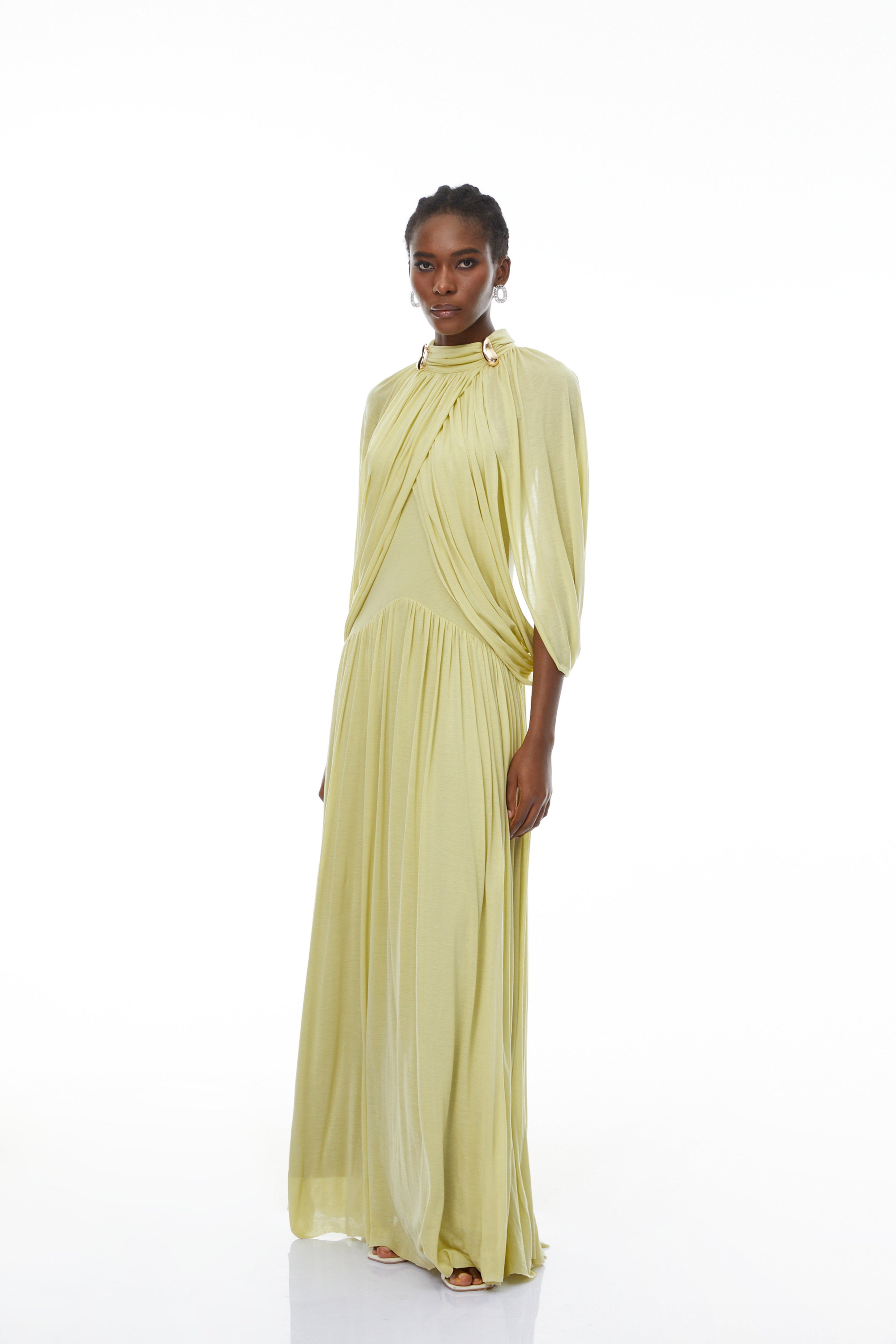 Bergljot Green Cape Design Mesh Maxi Dress