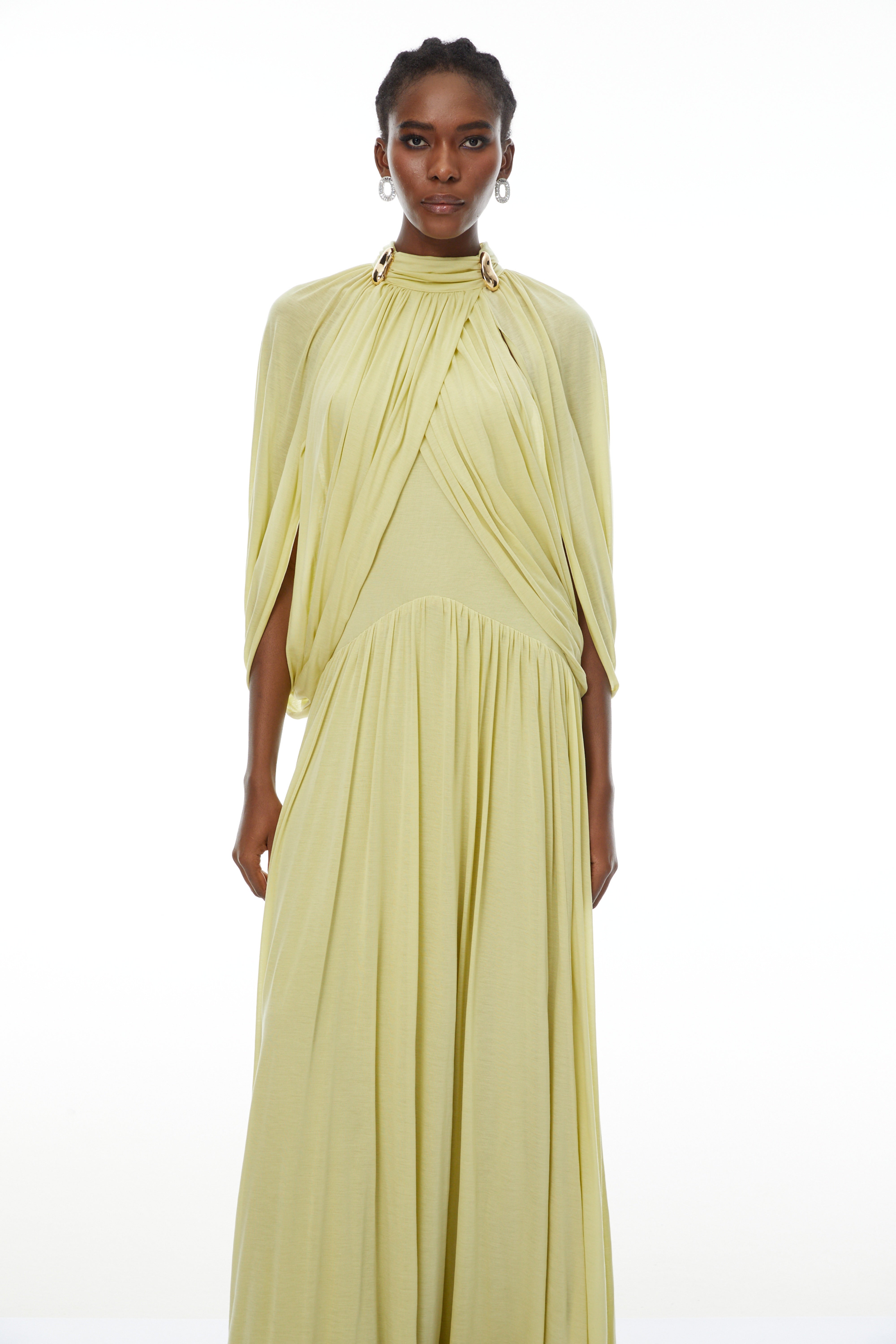 Bergljot Green Cape Design Mesh Maxi Dress