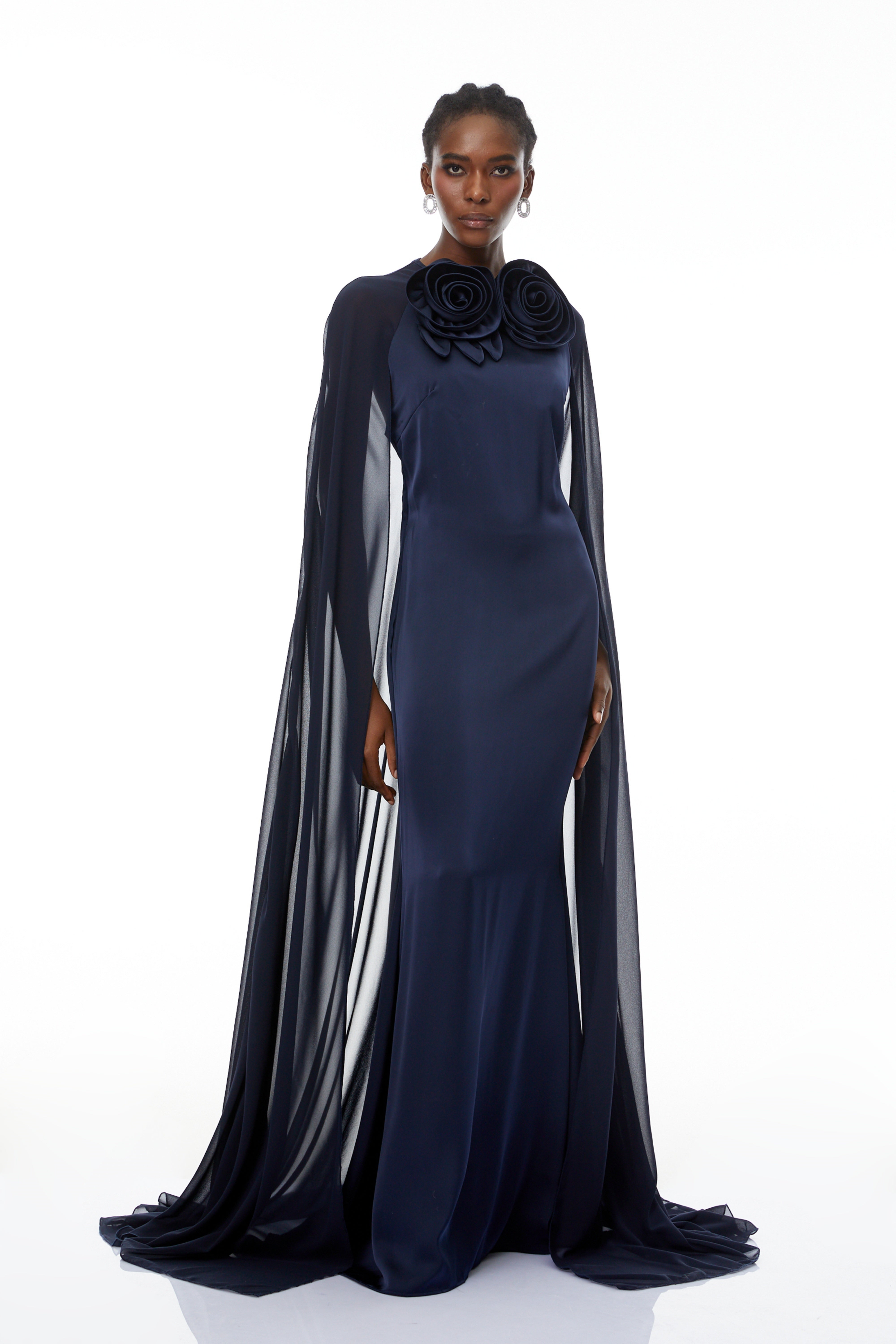 Riccardo Blue 3D Petal Cape Maxi Gown