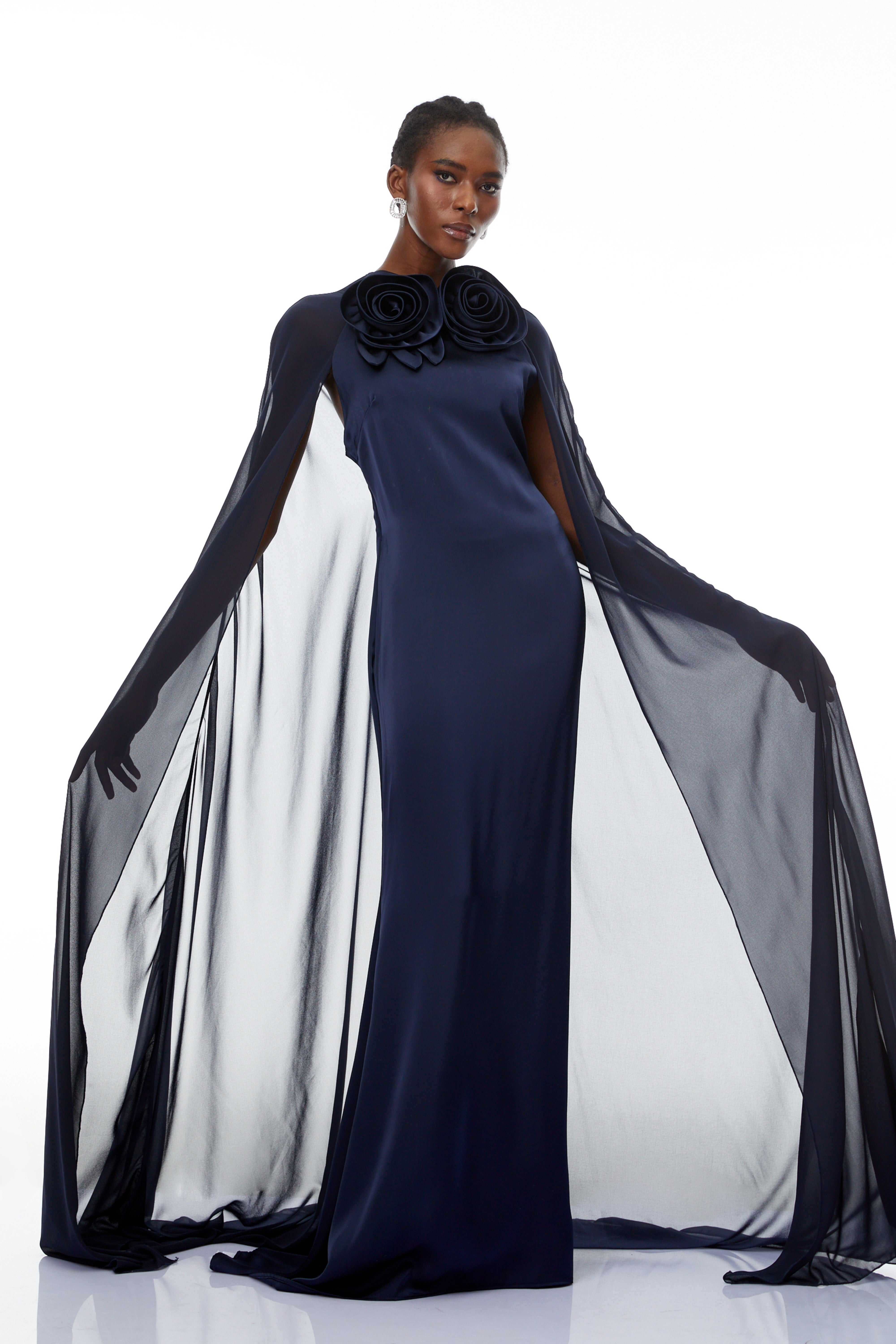 Riccardo Blue 3D Petal Cape Maxi Gown