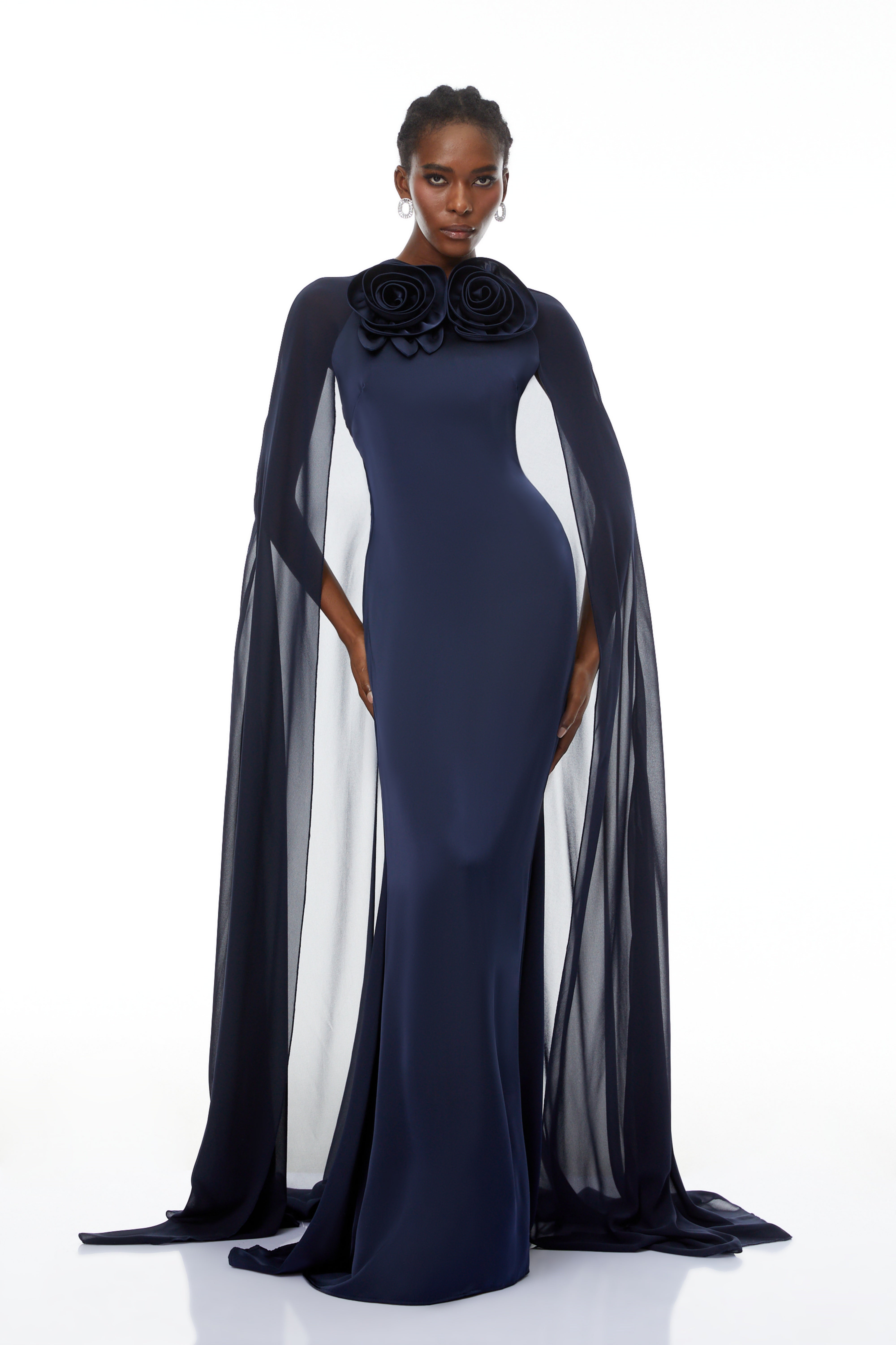 Riccardo Blue 3D Petal Cape Maxi Gown