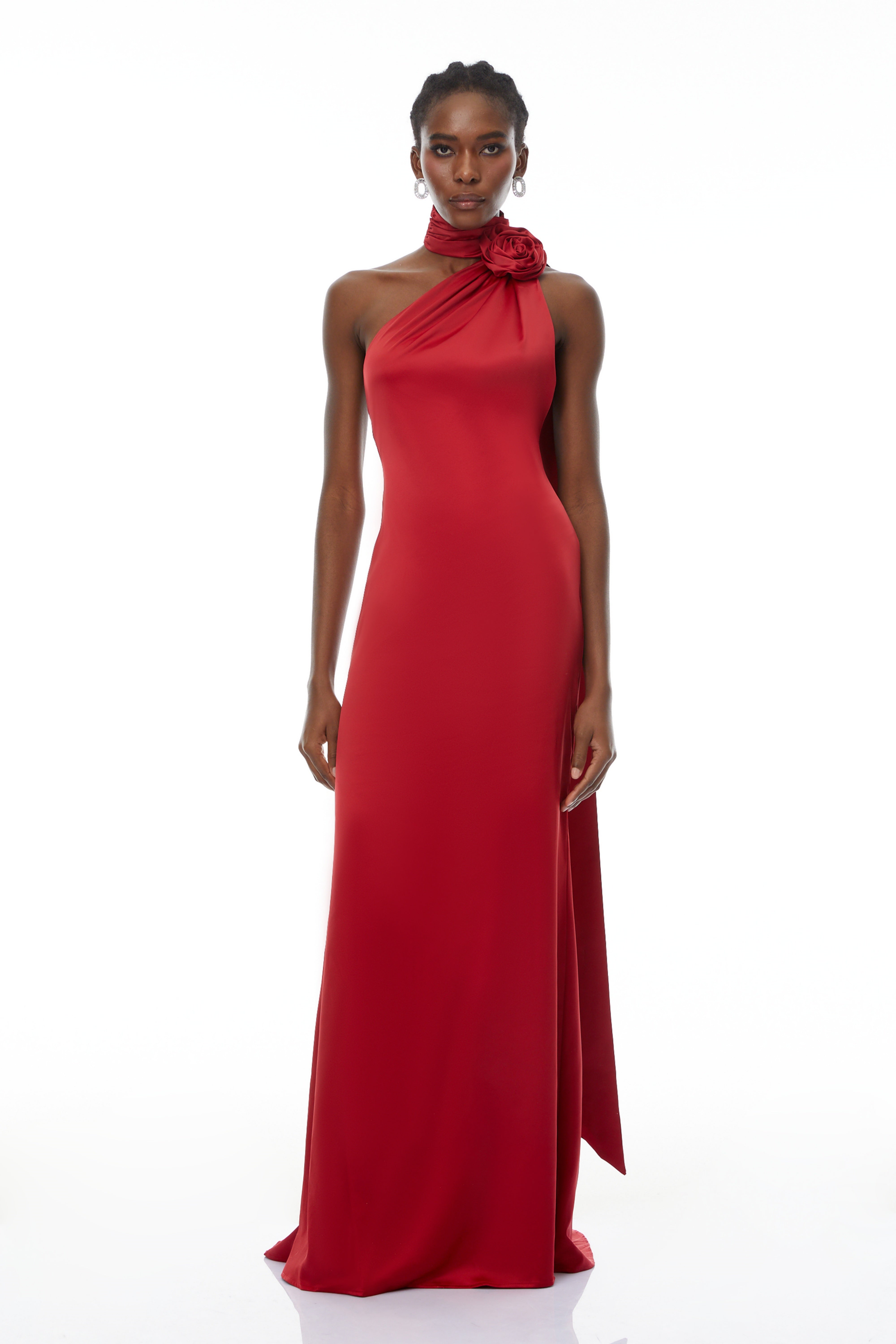 Frederica Red Halterneck 3D Petal Maxi Dress