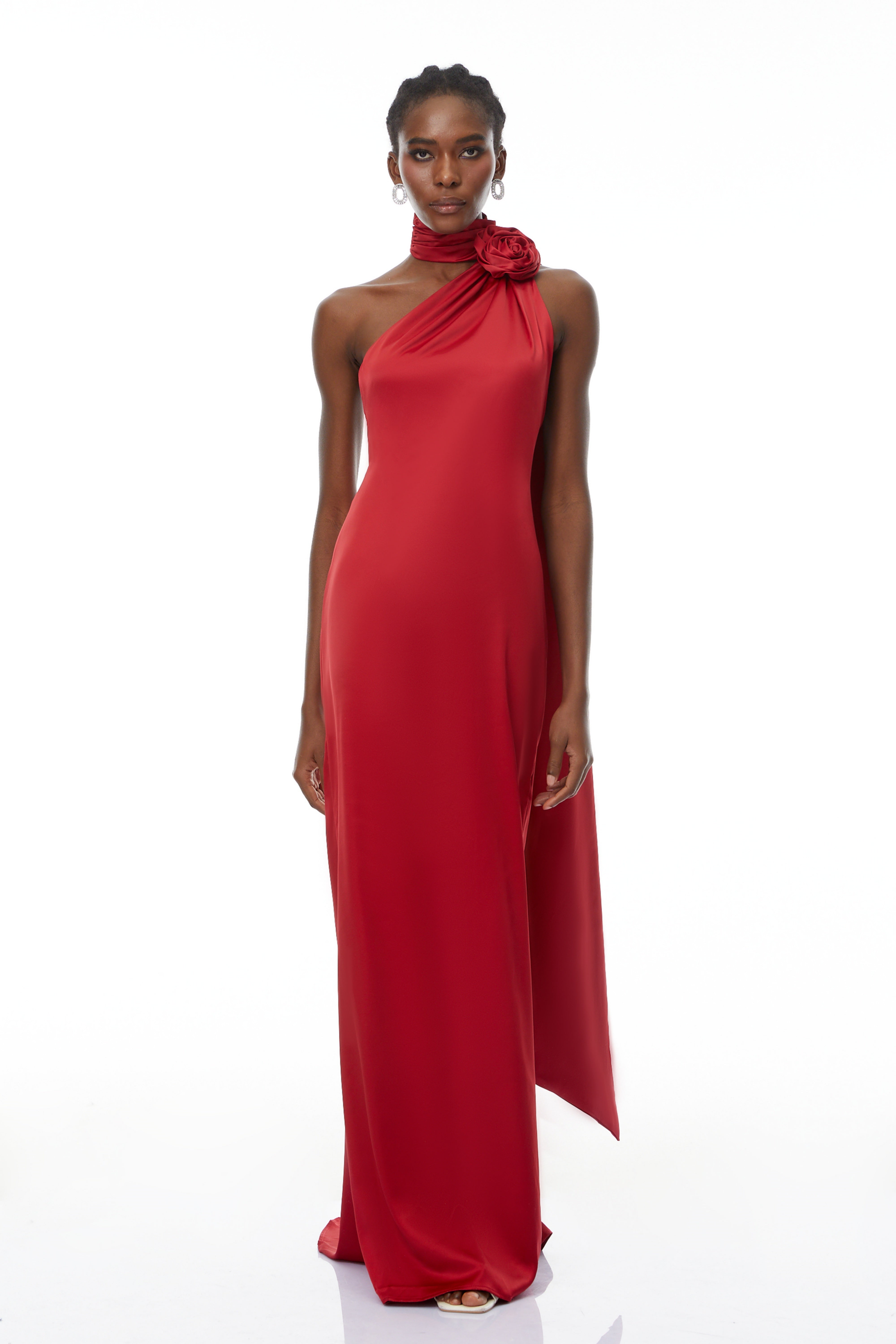 Frederica Red Halterneck 3D Petal Maxi Dress