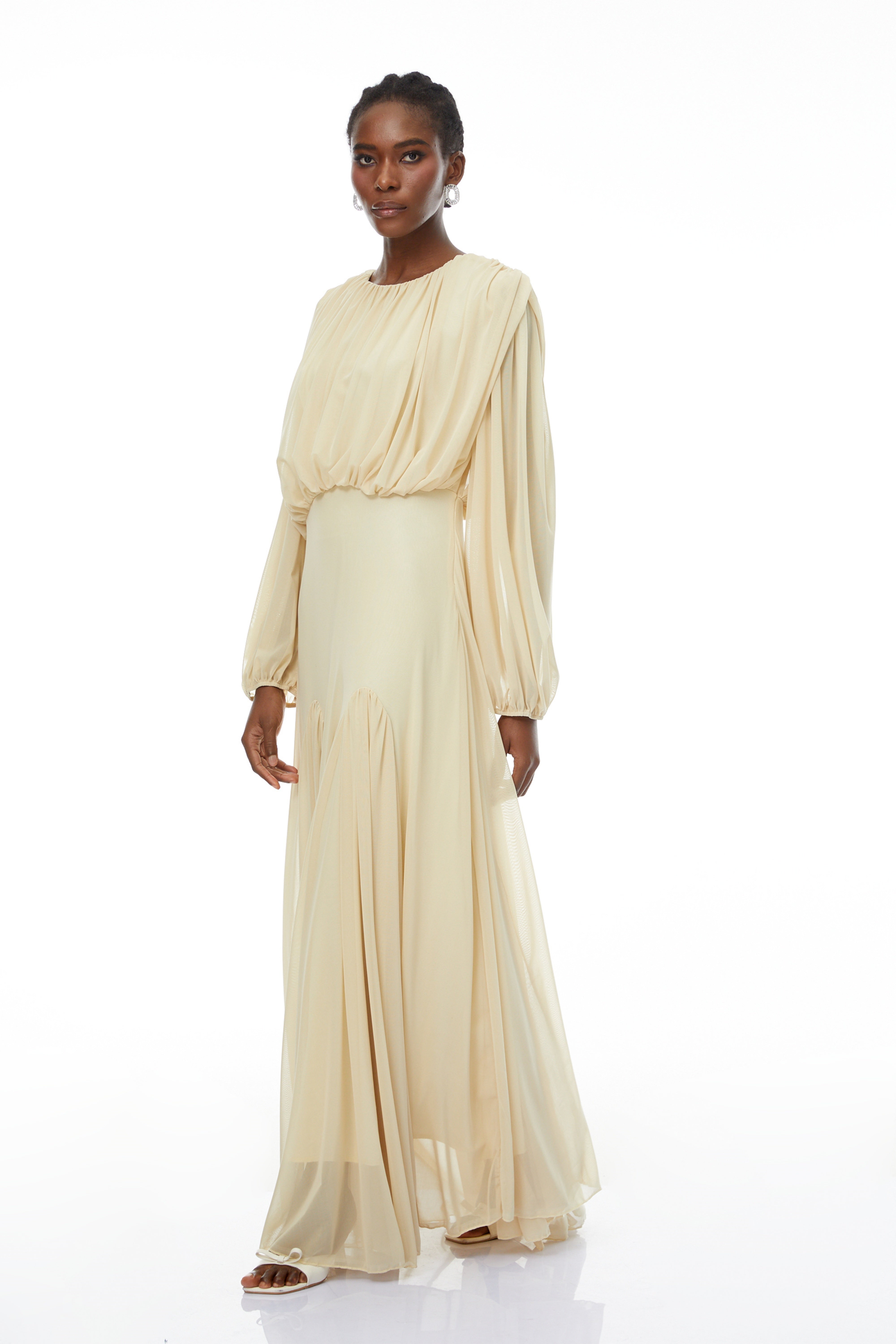 Annabelle Yellow Lantern Sleeve Pleated Maxi Dress