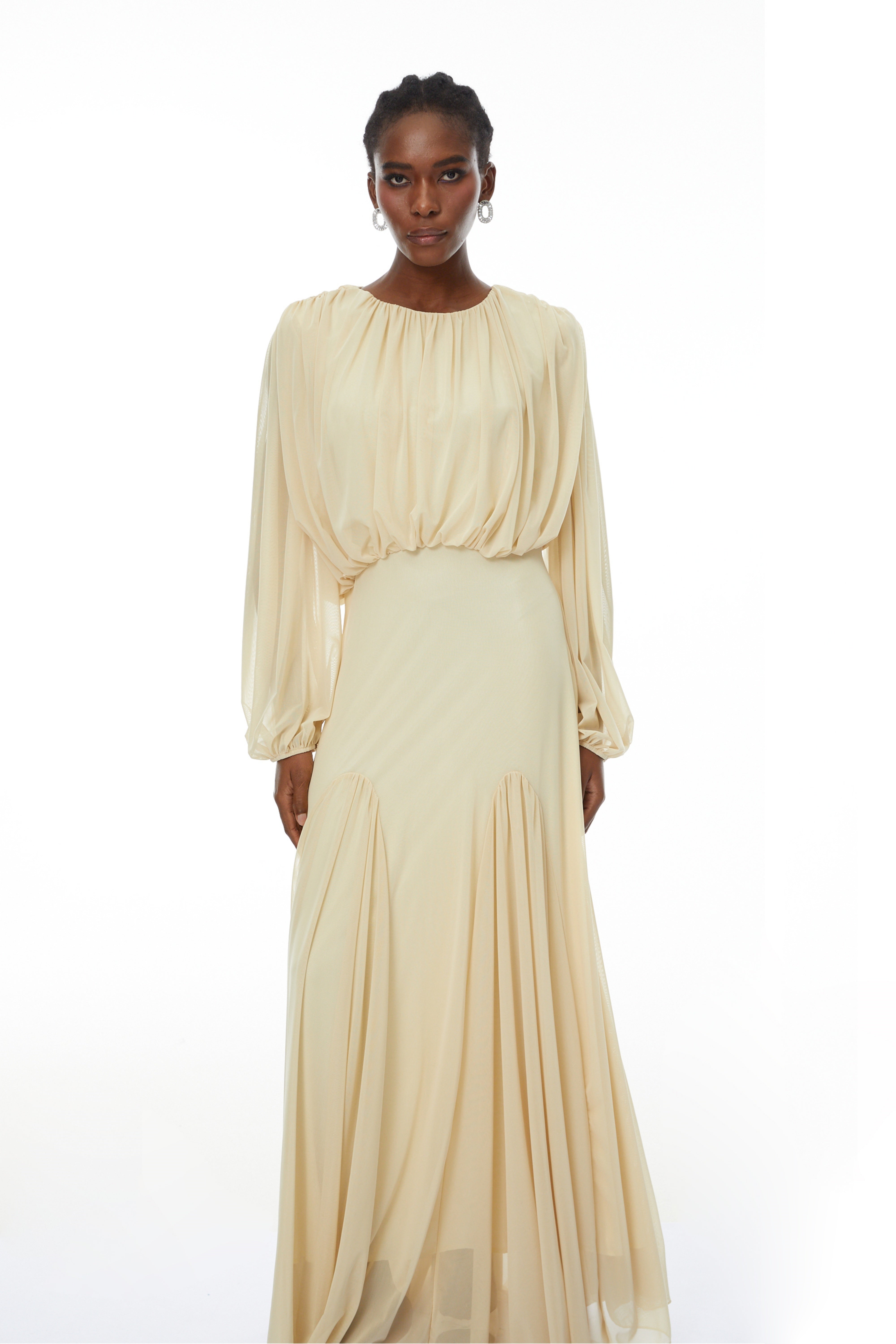 Annabelle Yellow Lantern Sleeve Pleated Maxi Dress