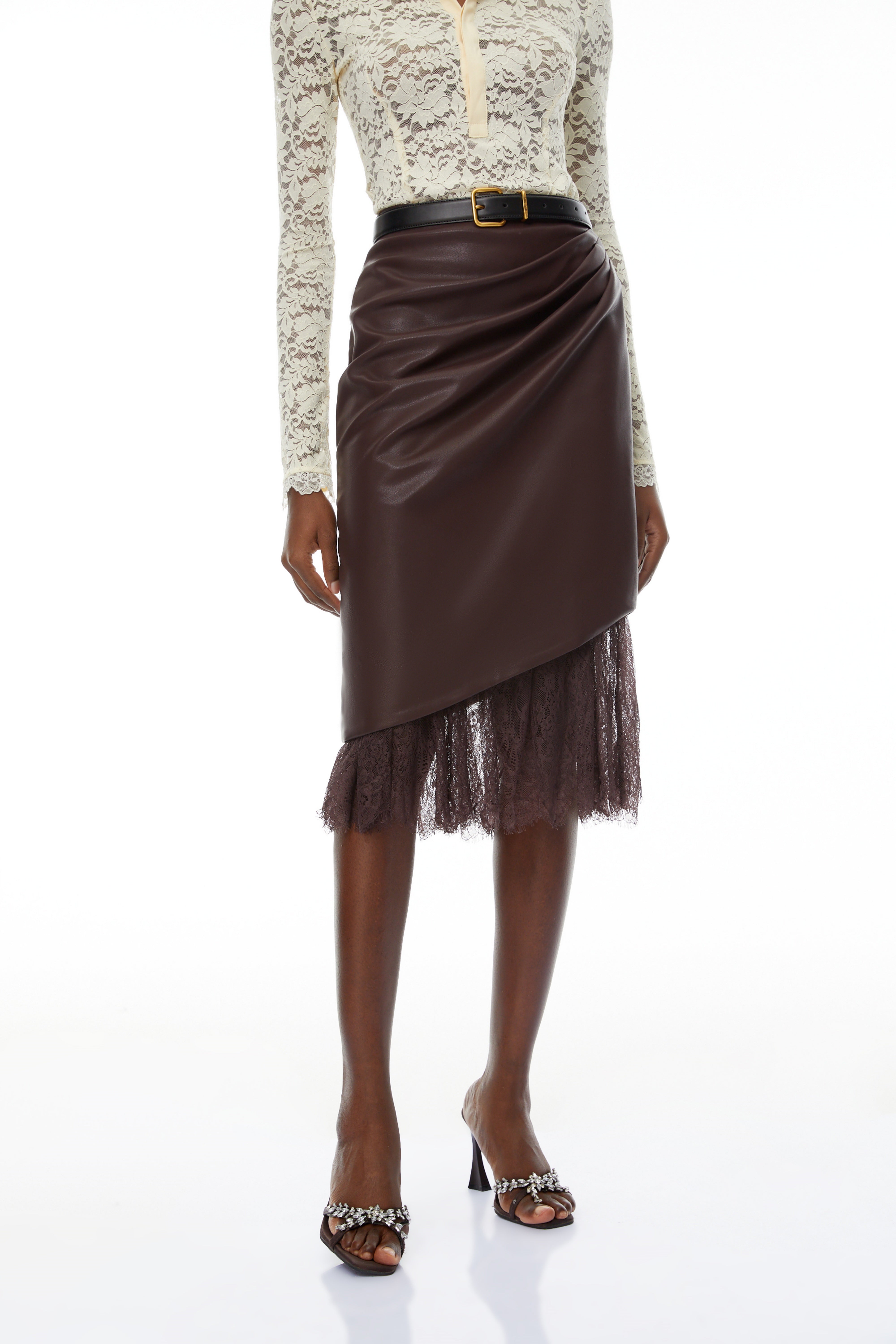 Greer Khaki Minirock aus Leder mit Blumenstickerei