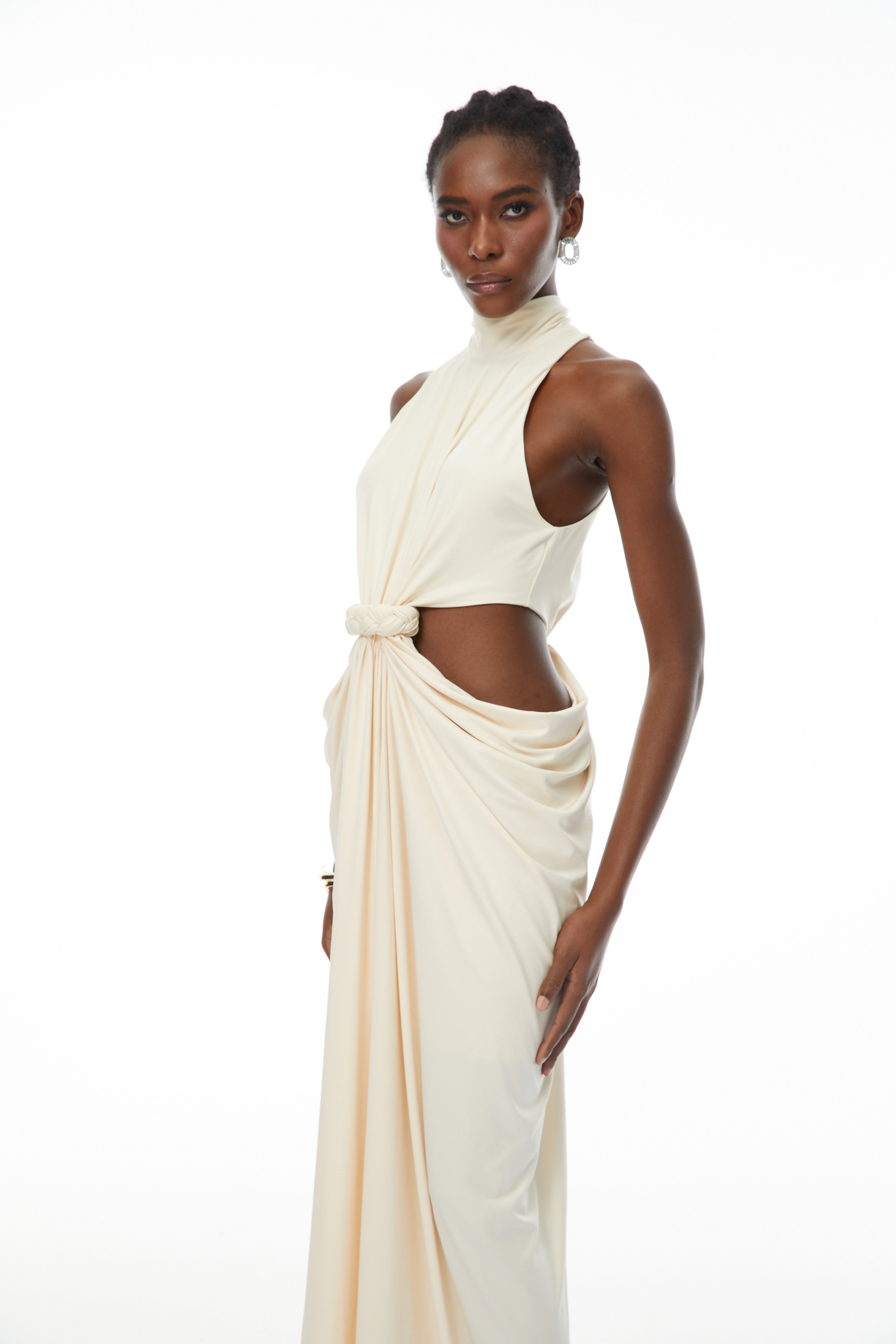 Joaquín Neutral Braid Detail Ruched Dress Maxi