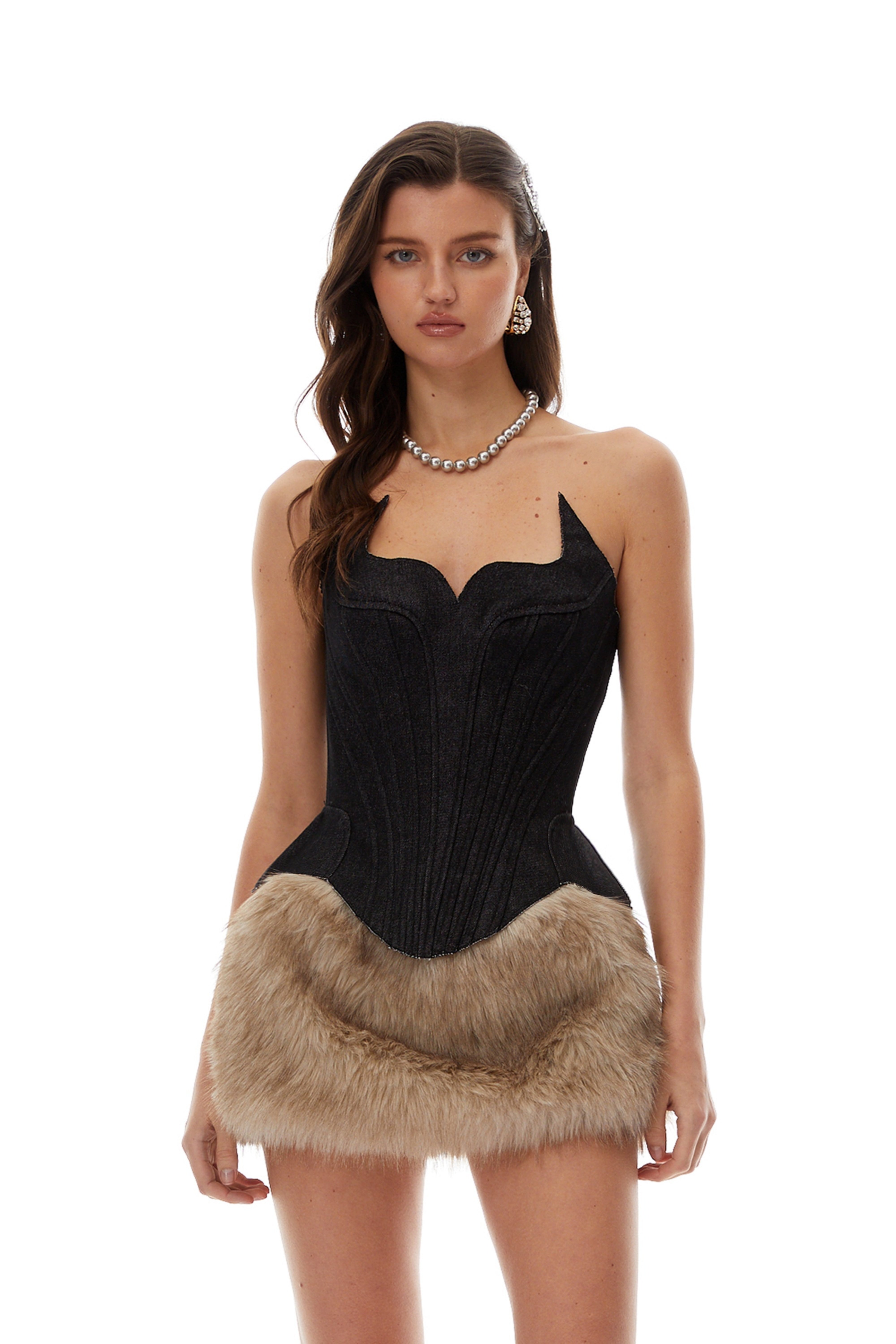 Laura Black Denim Corset Top & Khaki Faux Fur Mini Skirt Set