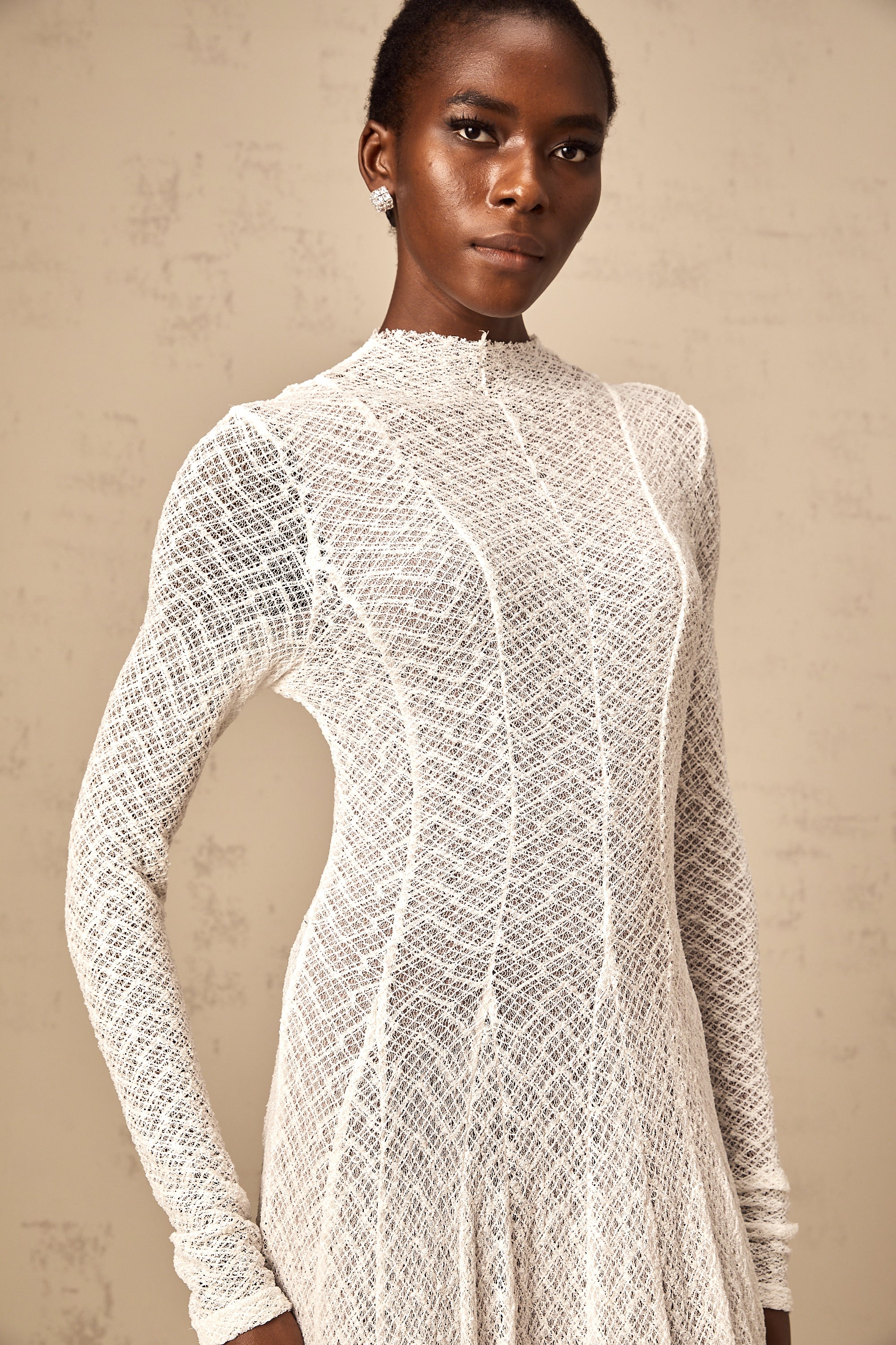 Athena wavy-pattern lace maxi dress in White