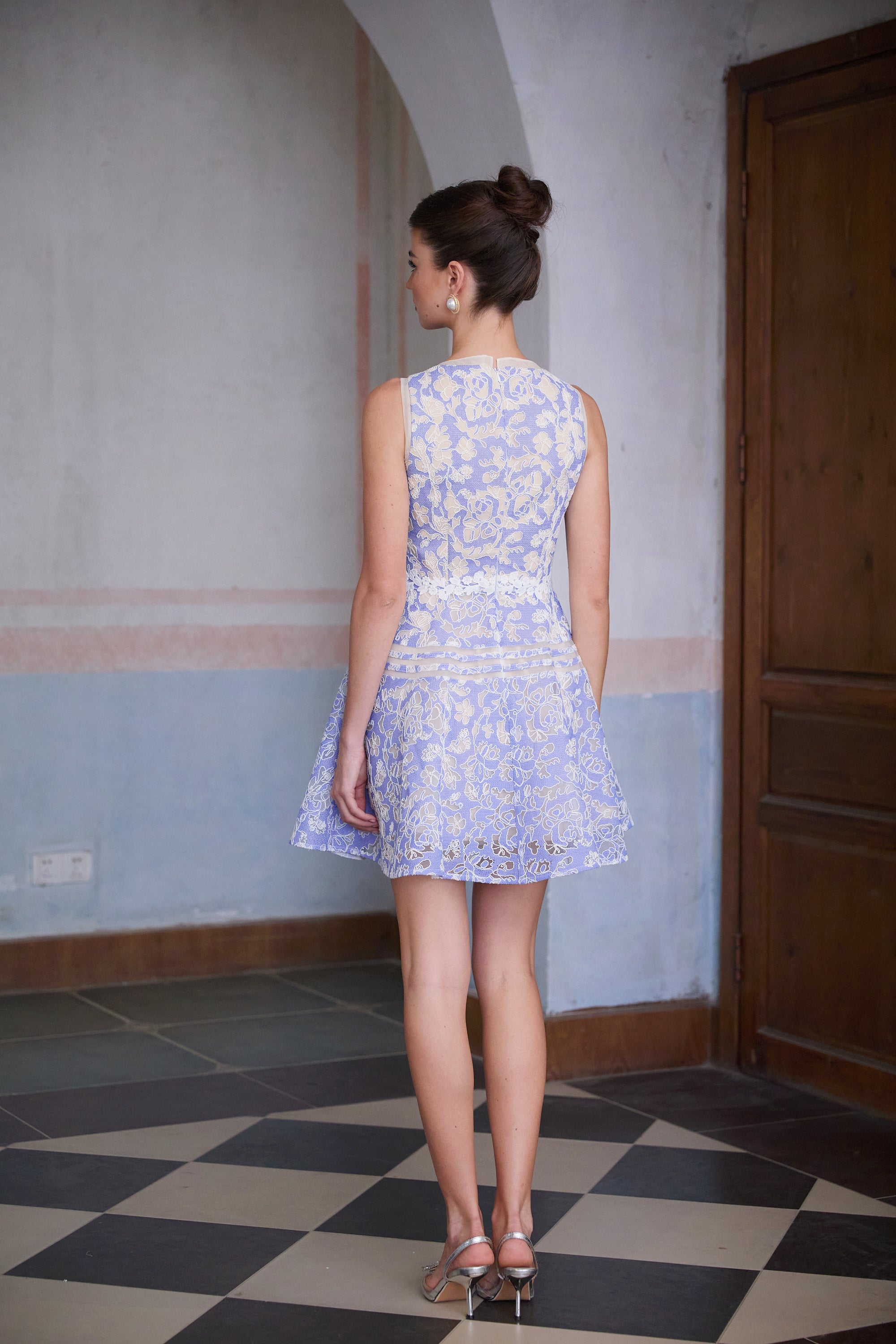 Brigitte blue crochet-lace puff mini dress