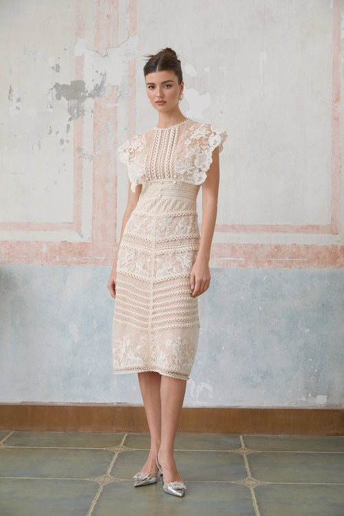 Fleur floral-embroidered lace midi dress in Neutrals main image 1
