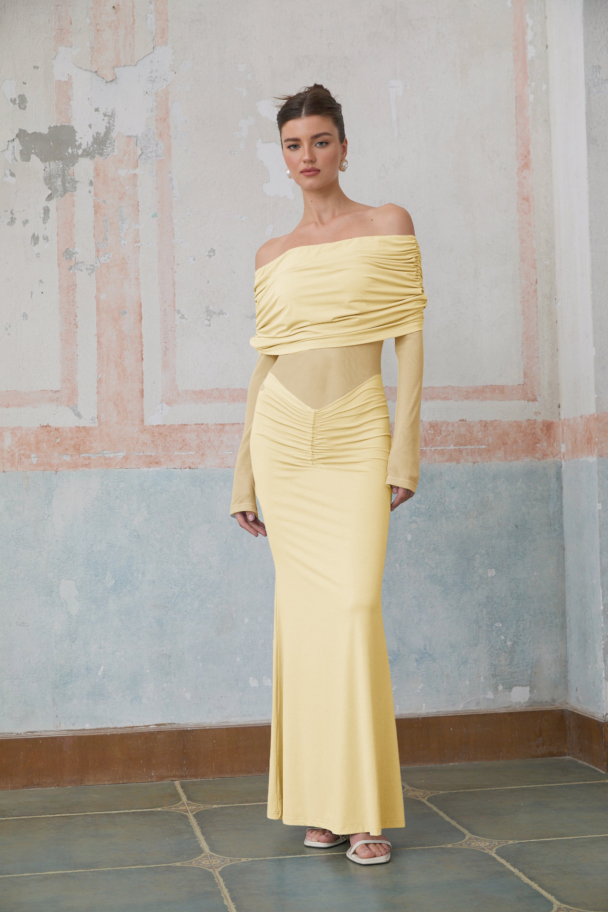 Ninon Yellow Off Shoulder Ruched Maxi Dress