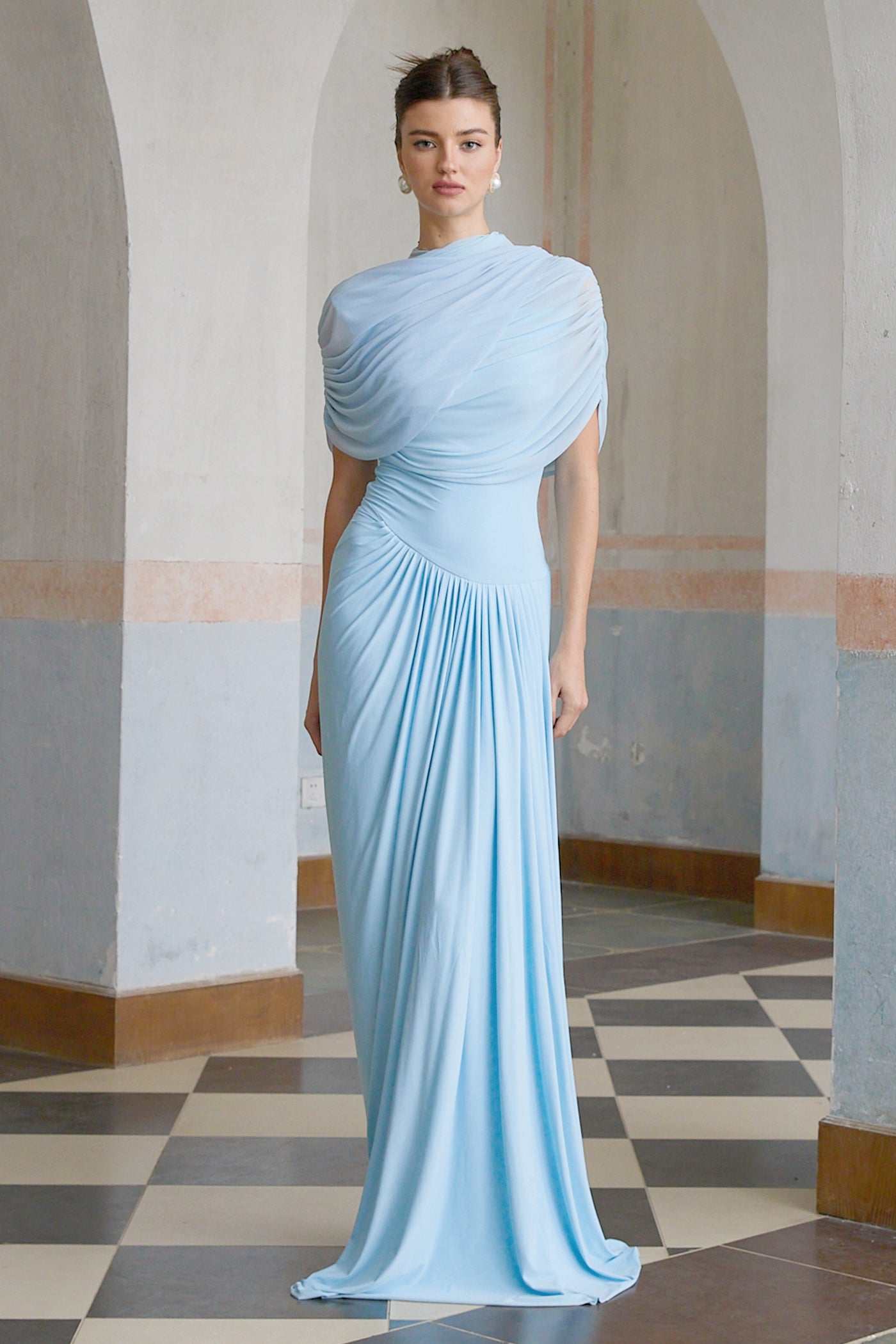 Draped Asymmetrical Pleated Maxi Dress - Blue main image 1